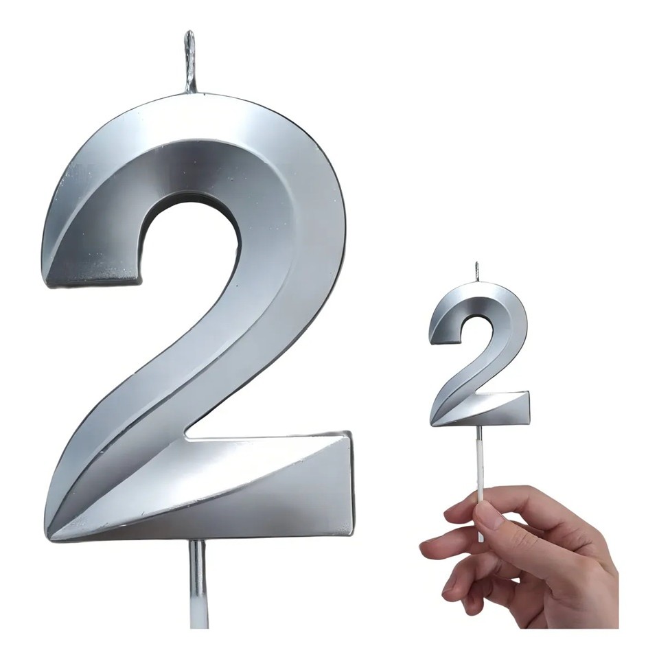 Lumanare Cifra 2, Flippy, Model Diamond, 5 x 3.4 cm, Argintiu