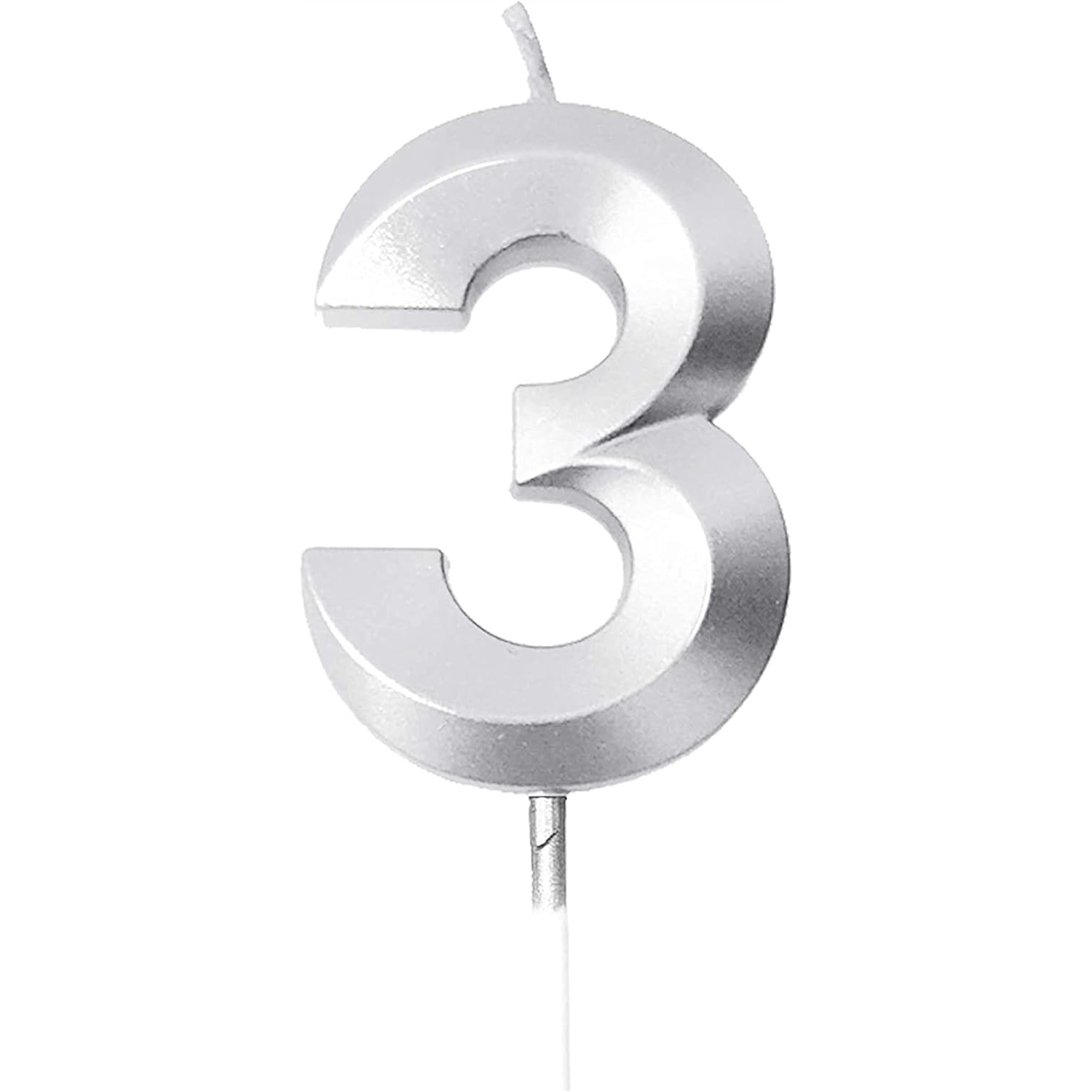 Lumanare Cifra 3, Flippy, Model Diamond, 5 x 3.4 cm, Argintiu