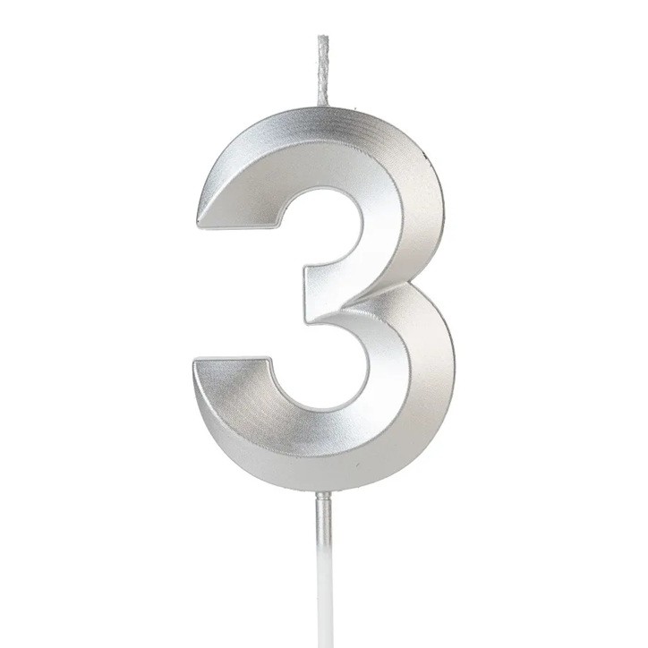 Lumanare Cifra 3, Flippy, Model Diamond, 5 x 3.4 cm, Argintiu