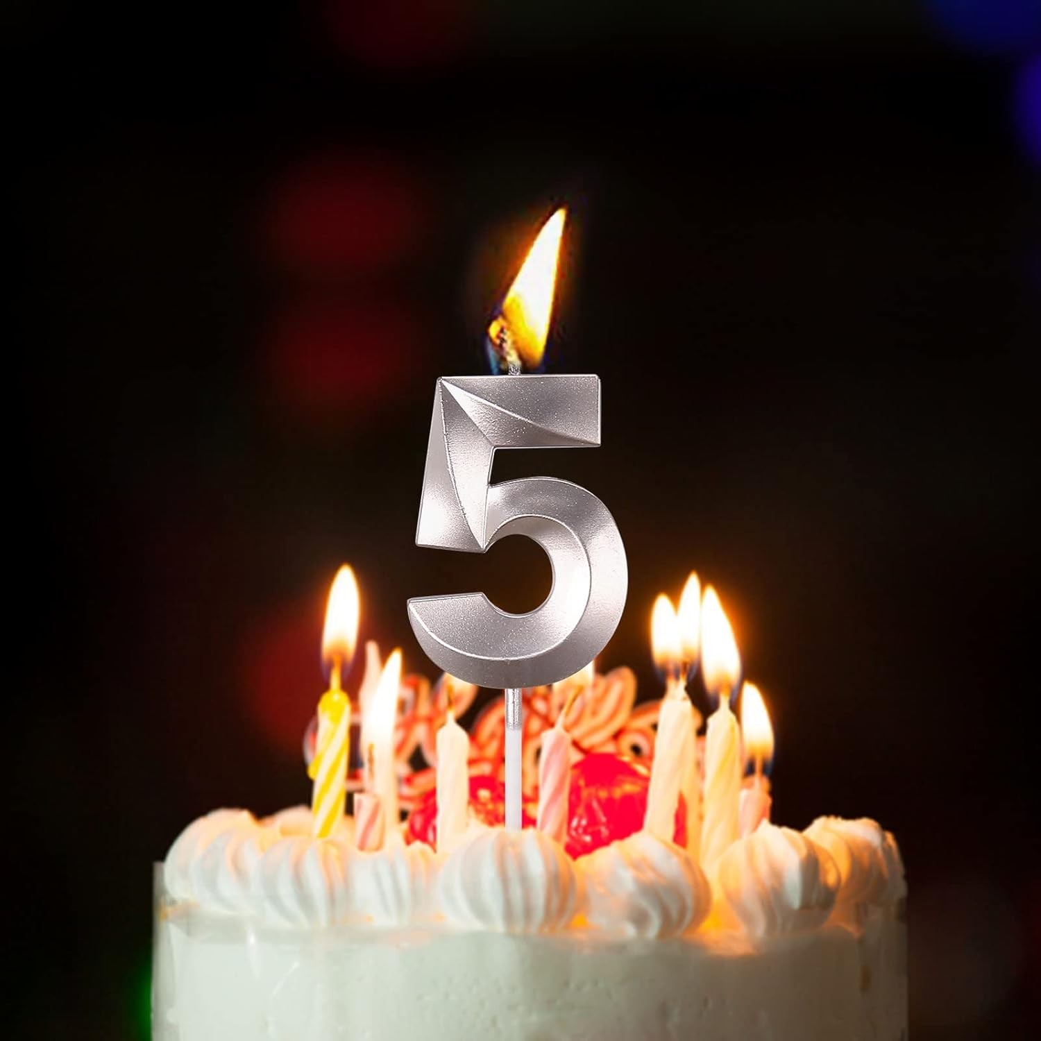 Lumanare Cifra 5, Flippy, Model Diamond, 5 x 3.4 cm, Argintiu