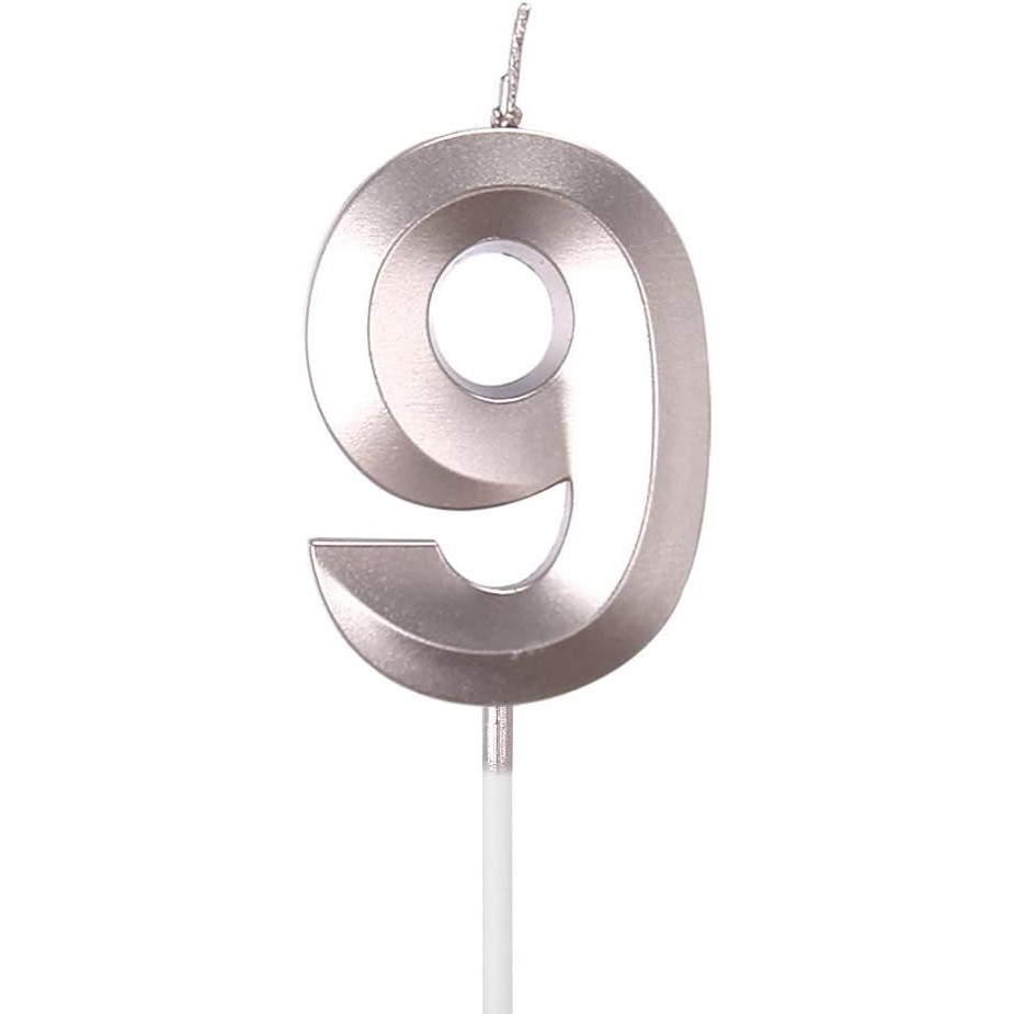 Lumanare Cifra 9, Flippy, Model Diamond, 5 x 3.4 cm, Argintiu