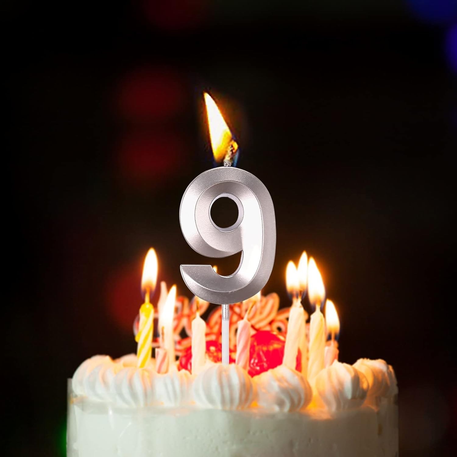 Lumanare Cifra 9, Flippy, Model Diamond, 5 x 3.4 cm, Argintiu