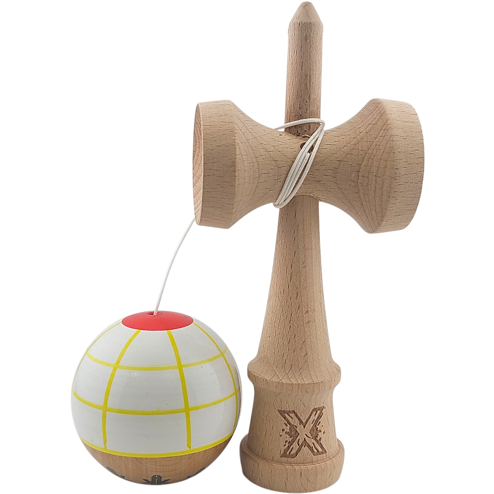 Kendama X Originala, Profesionala, Flippy, din Lemn, Super Sticky, 18 cm, Alb/Galben/Rosu