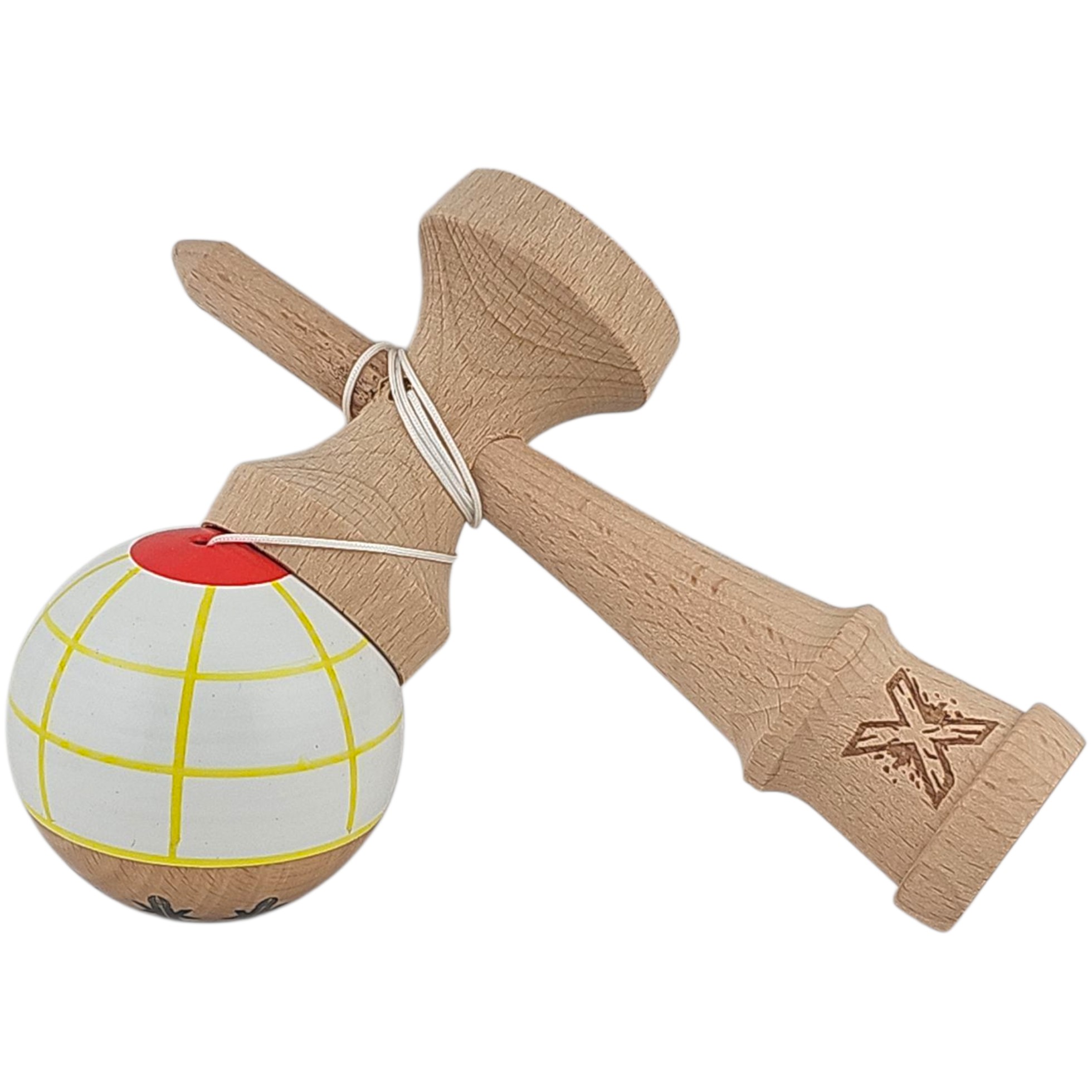 Kendama X Originala, Profesionala, Flippy, din Lemn, Super Sticky, 18 cm, Alb/Galben/Rosu
