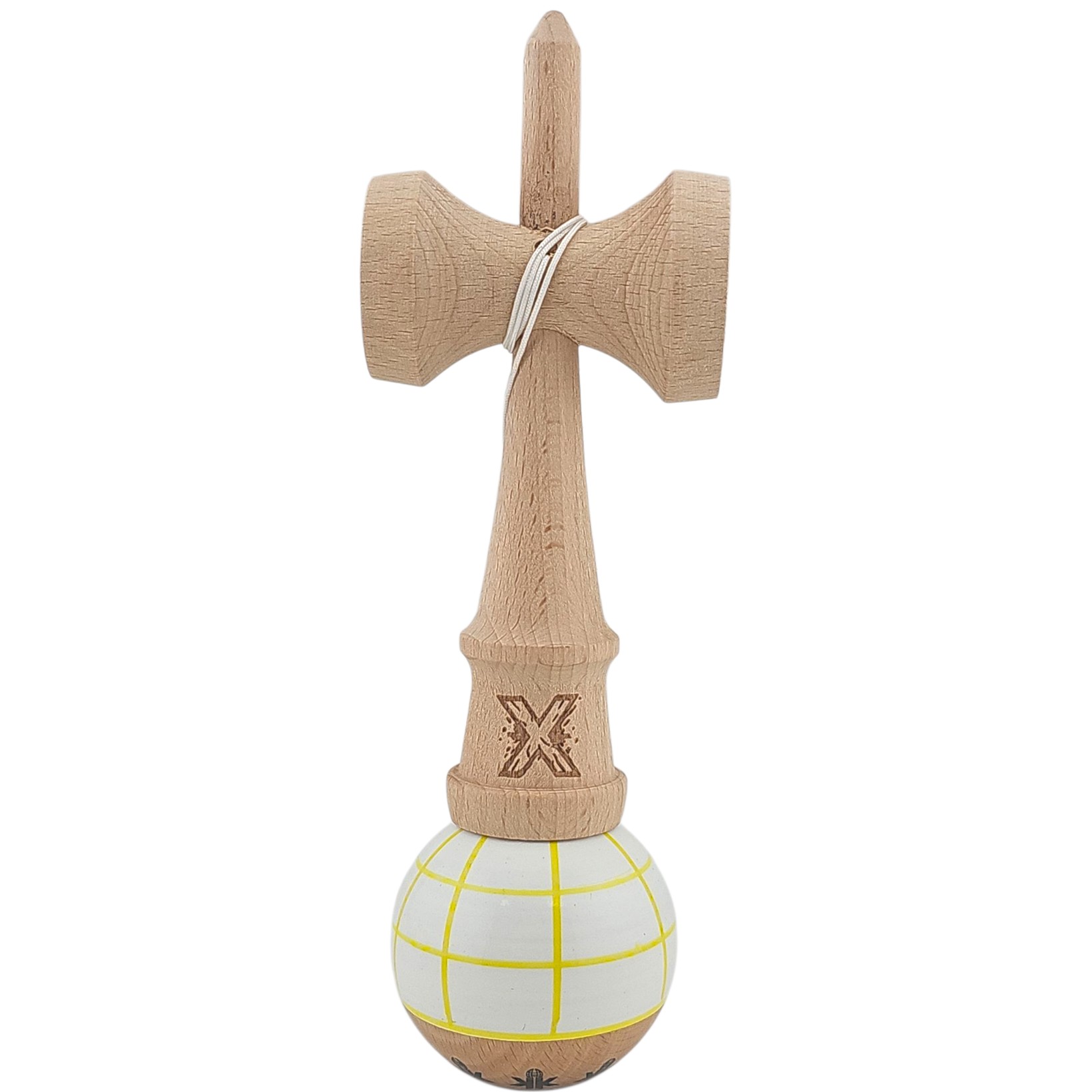 Kendama X Originala, Profesionala, Flippy, din Lemn, Super Sticky, 18 cm, Alb/Galben/Rosu