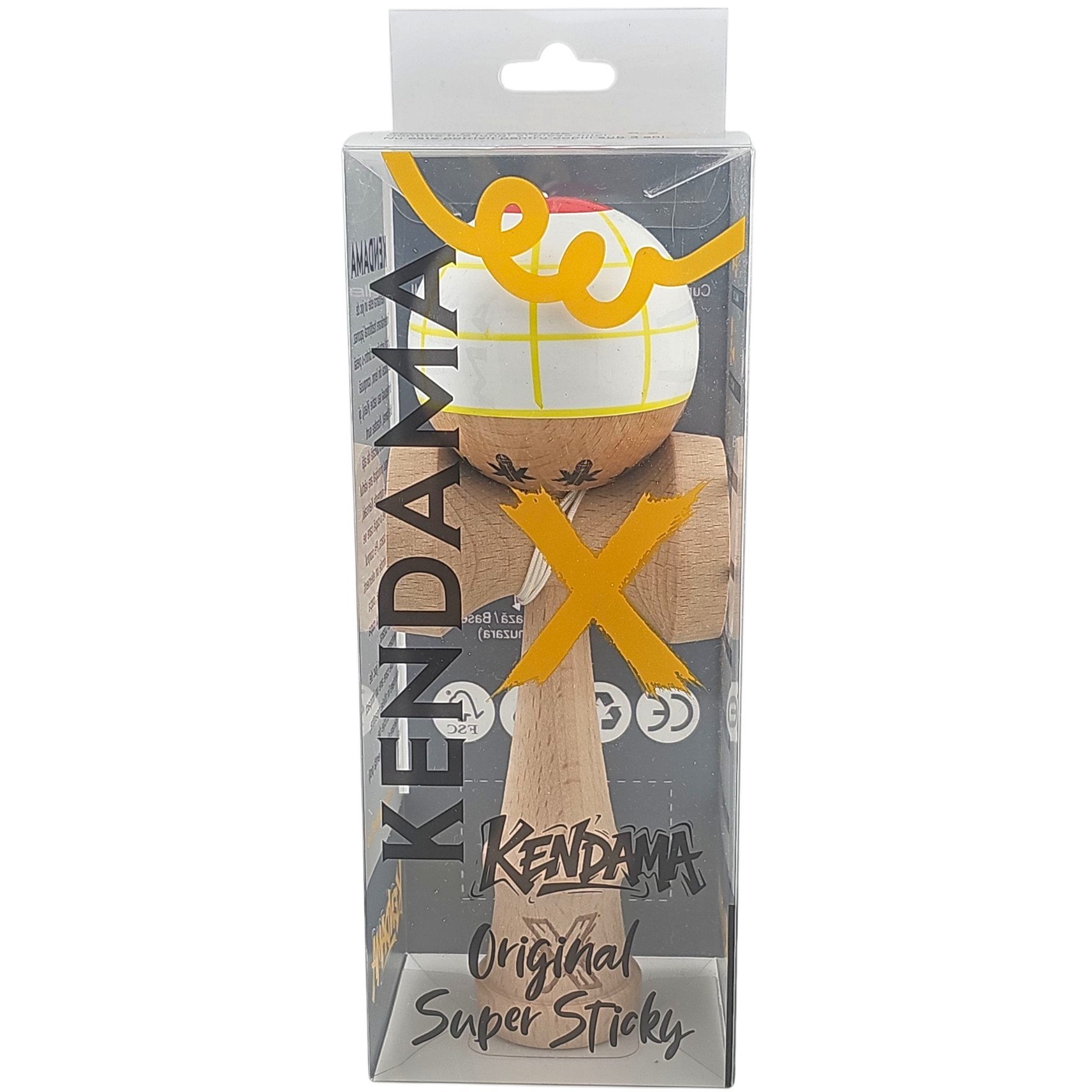 Kendama X Originala, Profesionala, Flippy, din Lemn, Super Sticky, 18 cm, Alb/Galben/Rosu