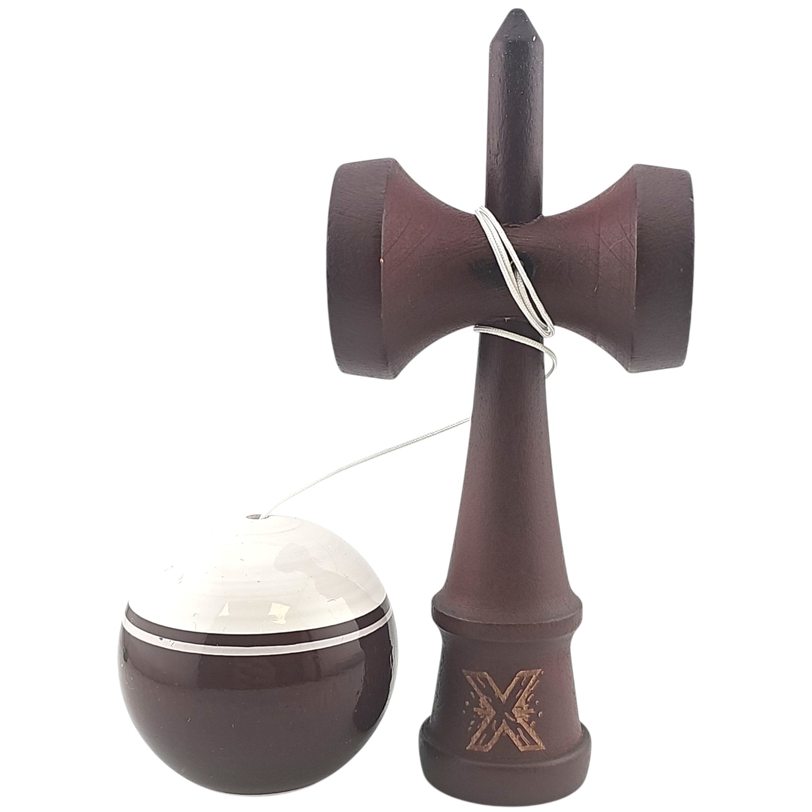 Kendama X Originala, Profesionala Limited, Flippy, din Lemn, Super Sticky, 18 cm, Alb/Maro inchis