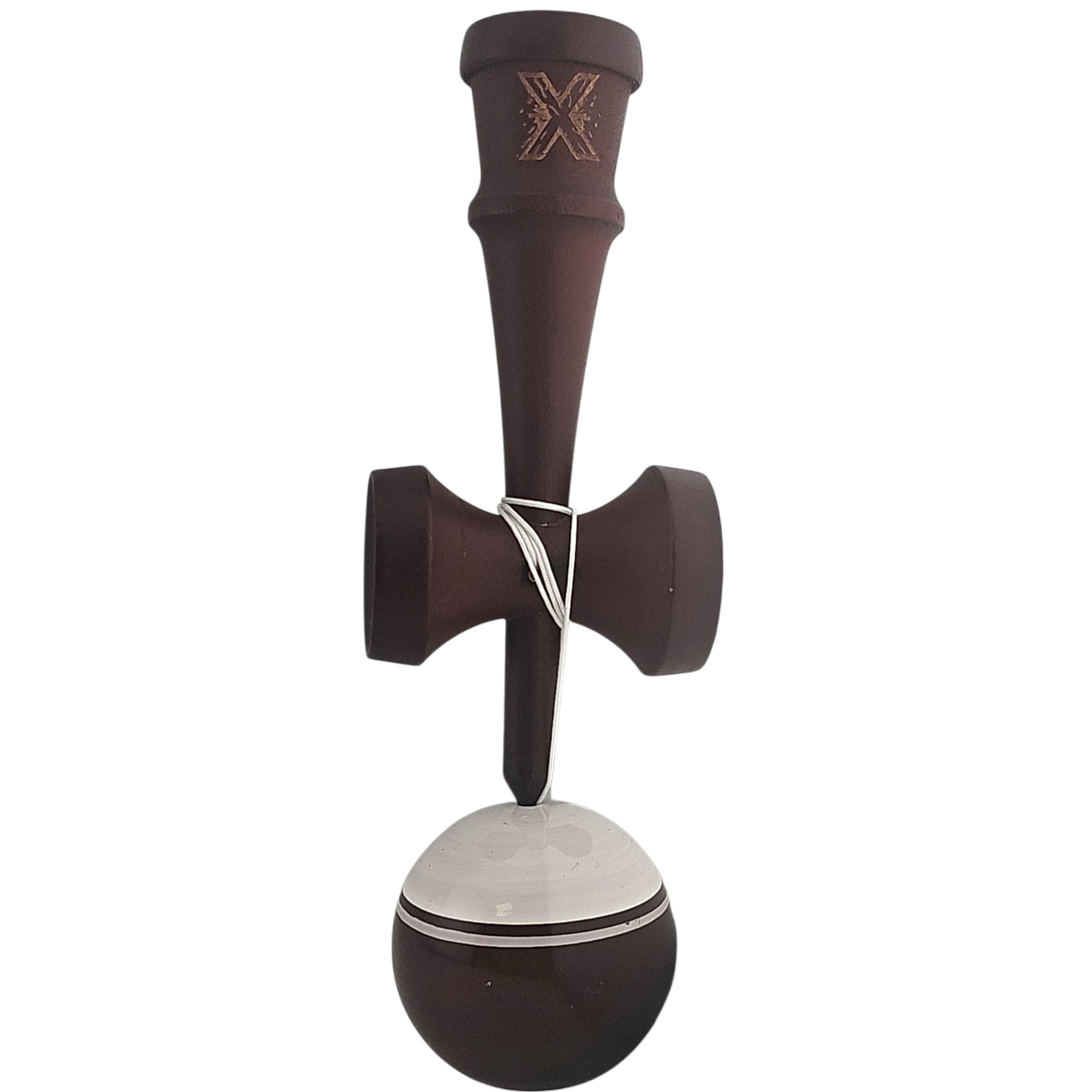 Kendama X Originala, Profesionala Limited, Flippy, din Lemn, Super Sticky, 18 cm, Alb/Maro inchis