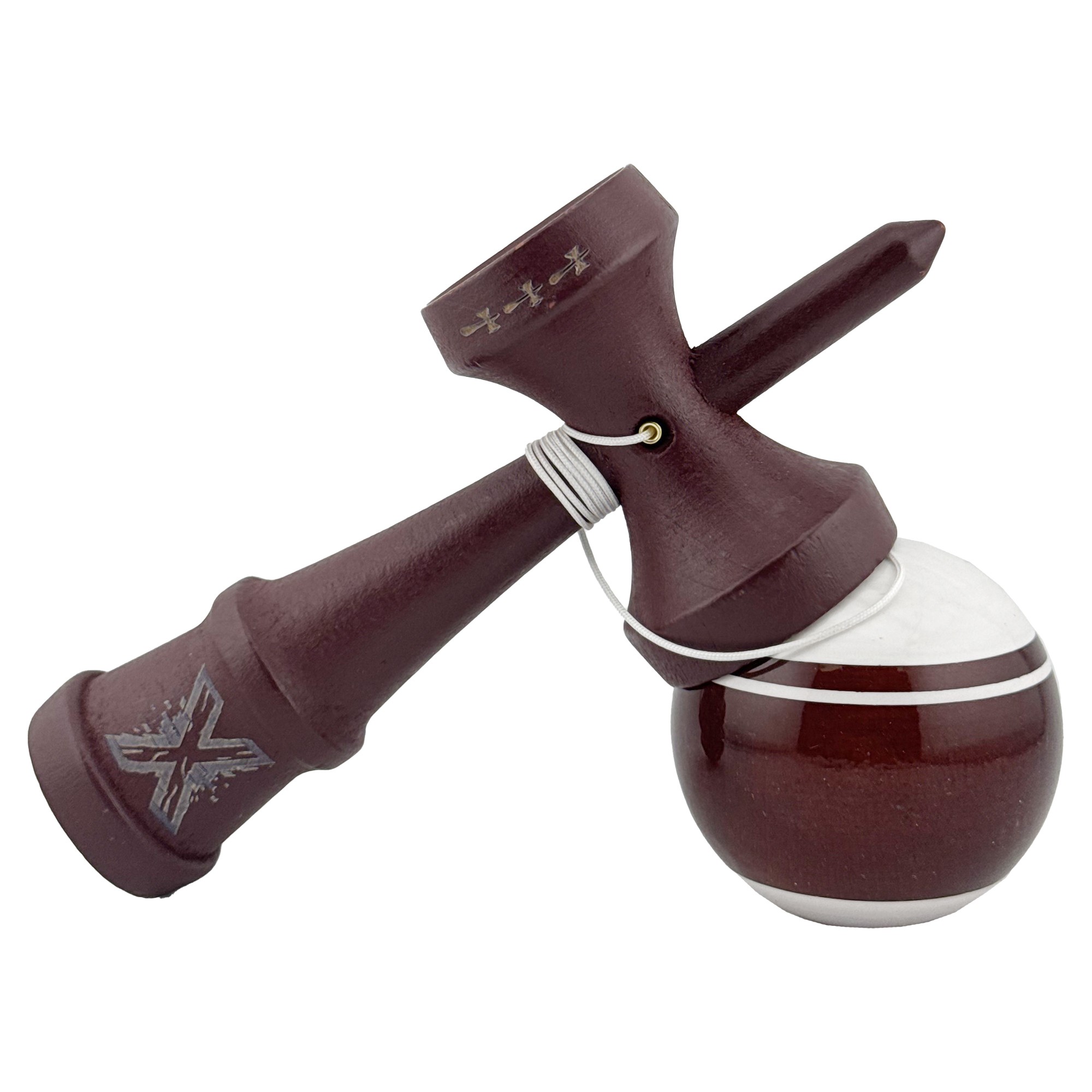 Kendama X Originala, Profesionala, Flippy, Big Cups V2, Super Sticky Legendary Cupe Mari, Rulment Metalic cu Ata 55 cm, Alb/Maro