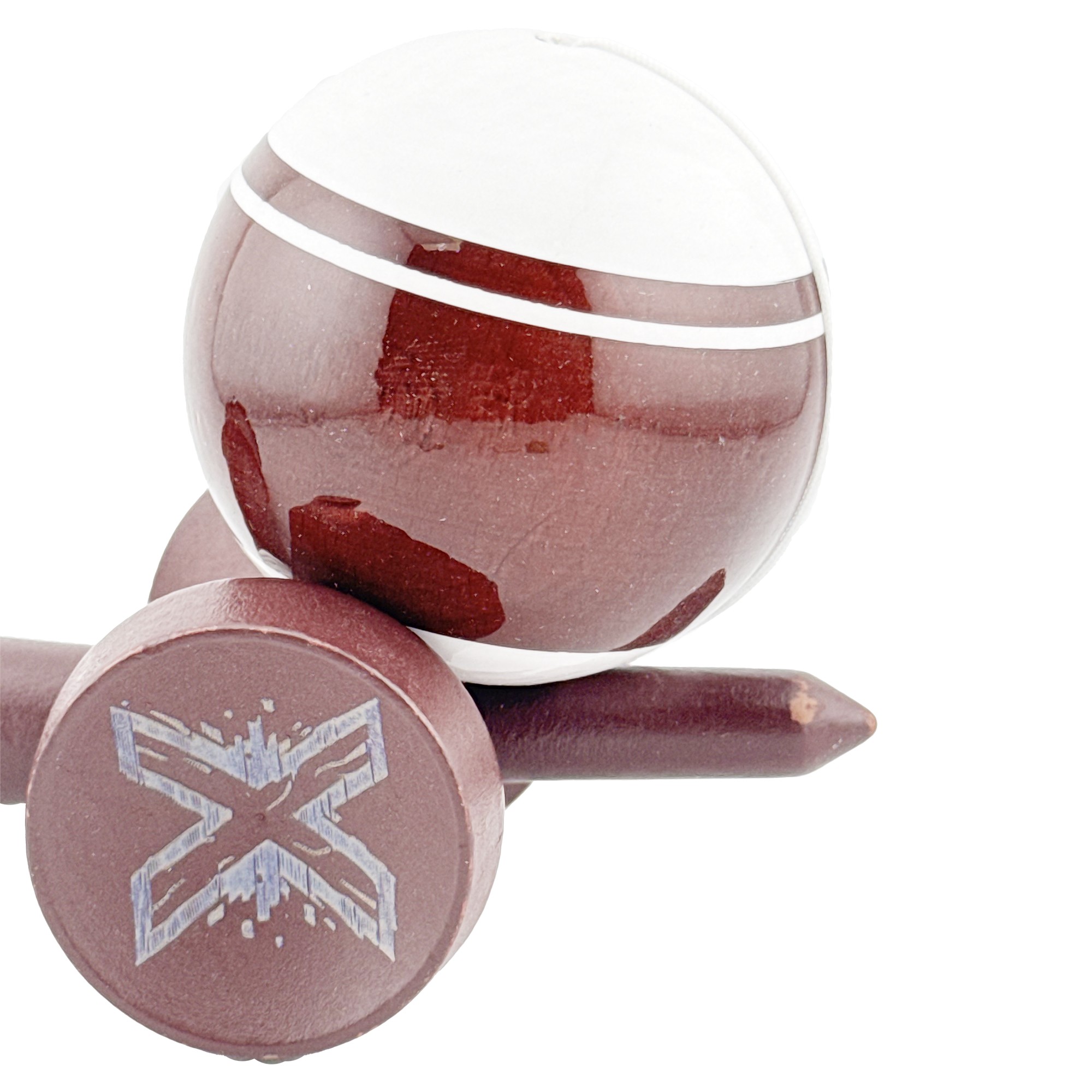 Kendama X Originala, Profesionala, Flippy, Big Cups V2, Super Sticky Legendary Cupe Mari, Rulment Metalic cu Ata 55 cm, Alb/Maro