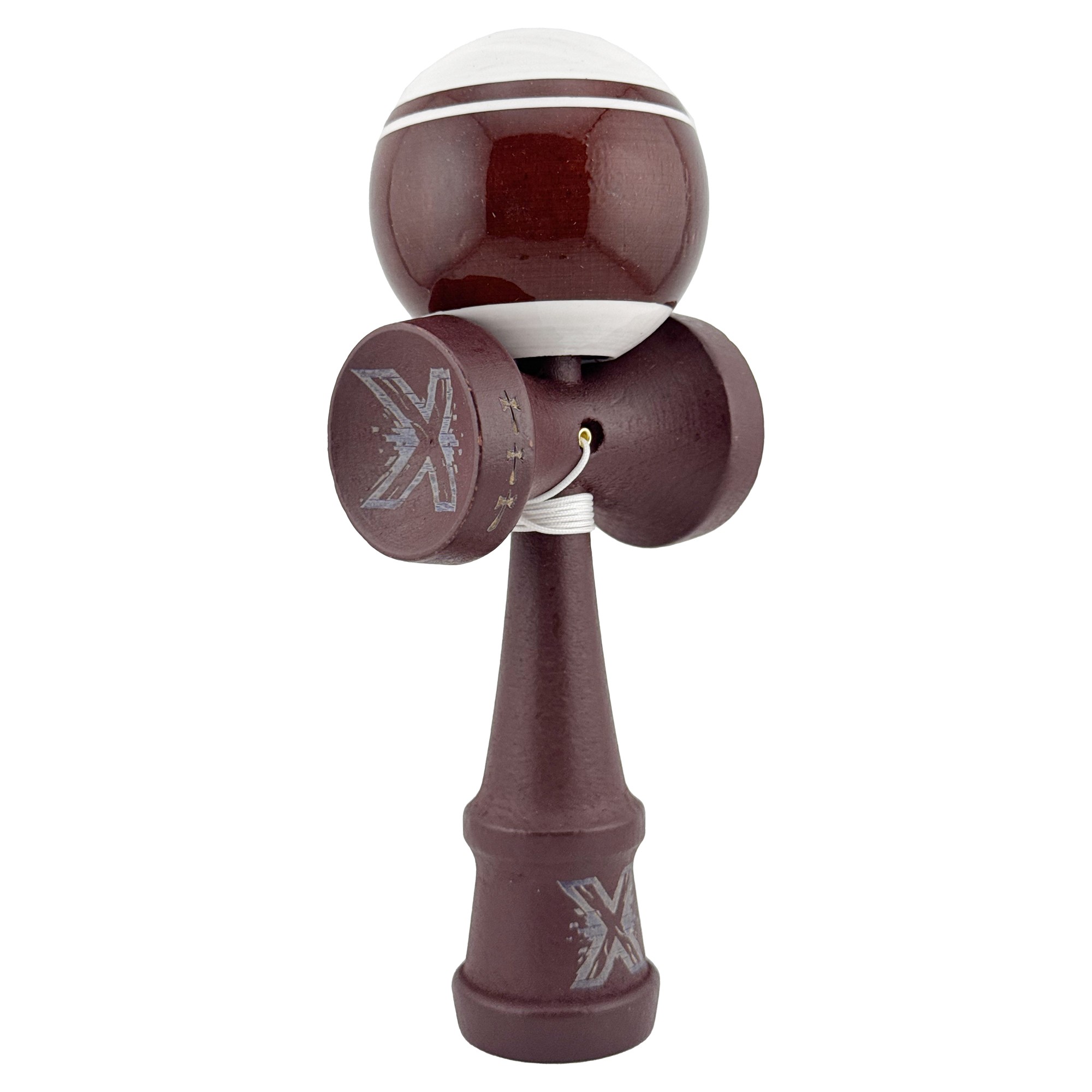 Kendama X Originala, Profesionala, Flippy, Big Cups V2, Super Sticky Legendary Cupe Mari, Rulment Metalic cu Ata 55 cm, Alb/Maro