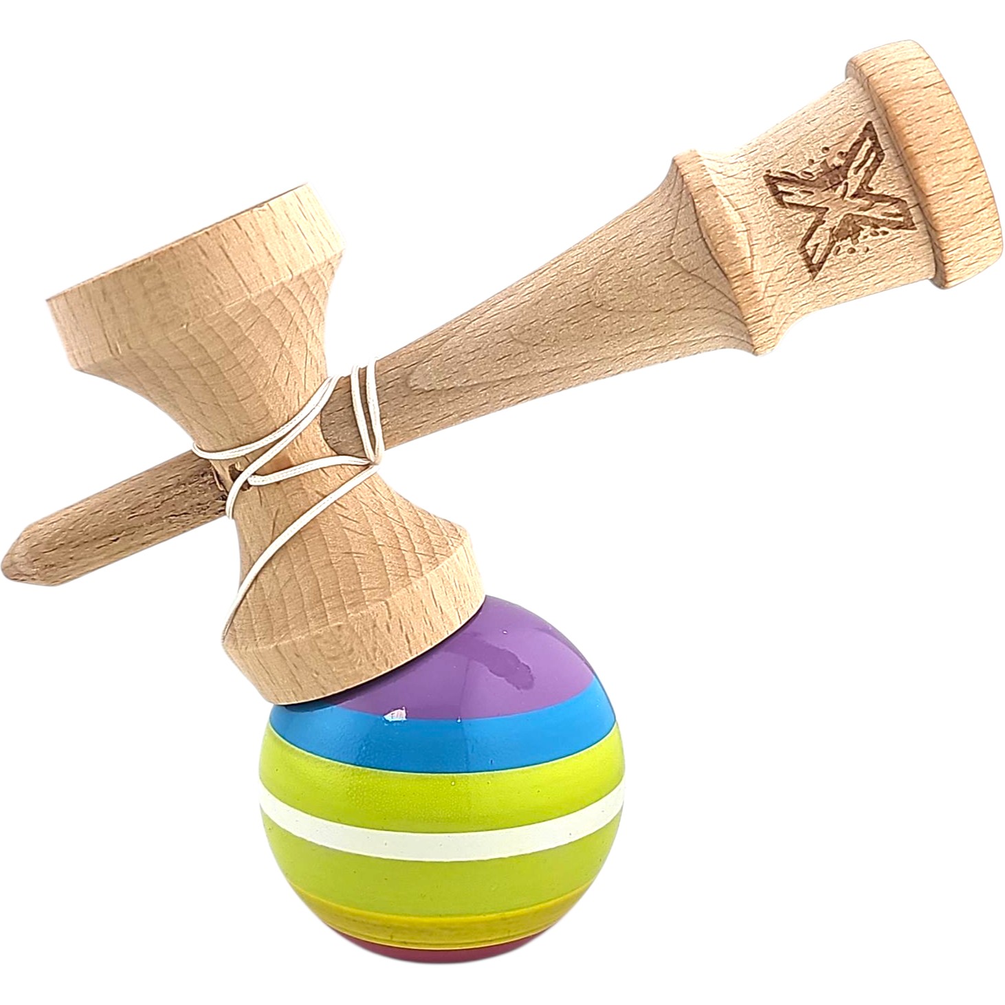Kendama X Originala, Profesionala, Flippy, din Lemn, Super Sticky, 18 cm, Multicolor