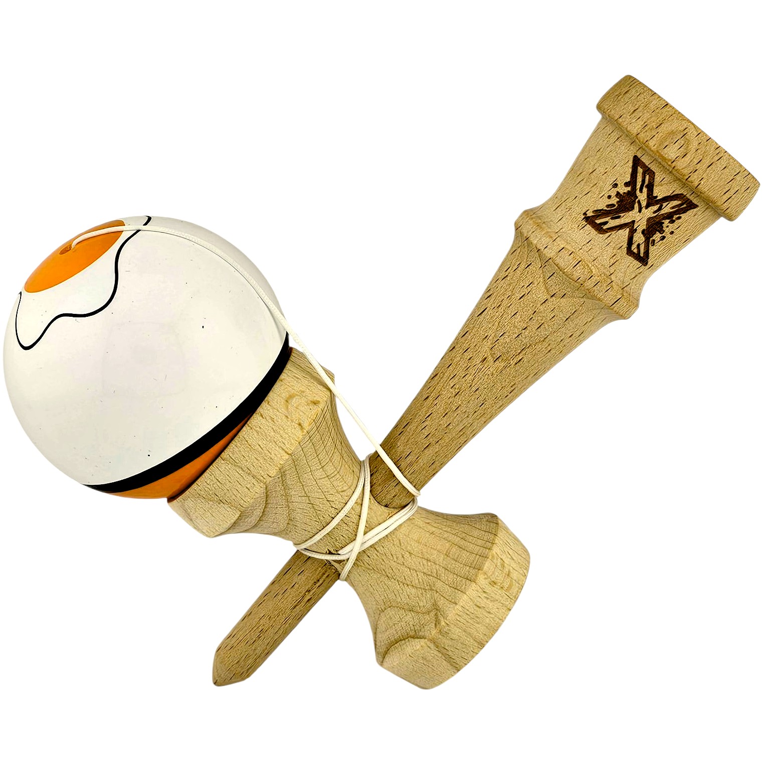 Kendama X Originala, Profesionala, Flippy, din Lemn, Super Sticky, 18 cm, Alb/Portocaliu