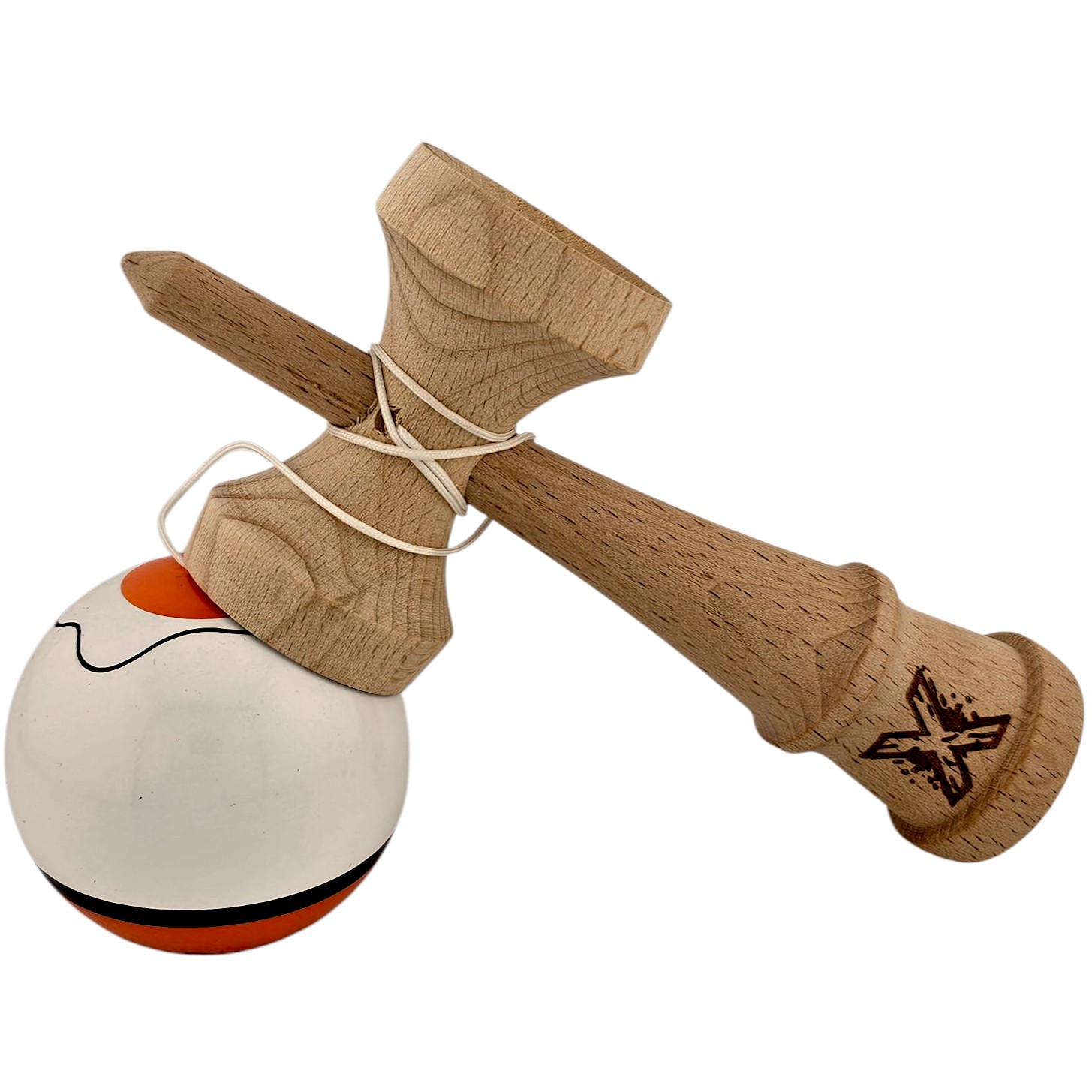 Kendama X Originala, Profesionala, Flippy, din Lemn, Super Sticky, 18 cm, Alb/Portocaliu