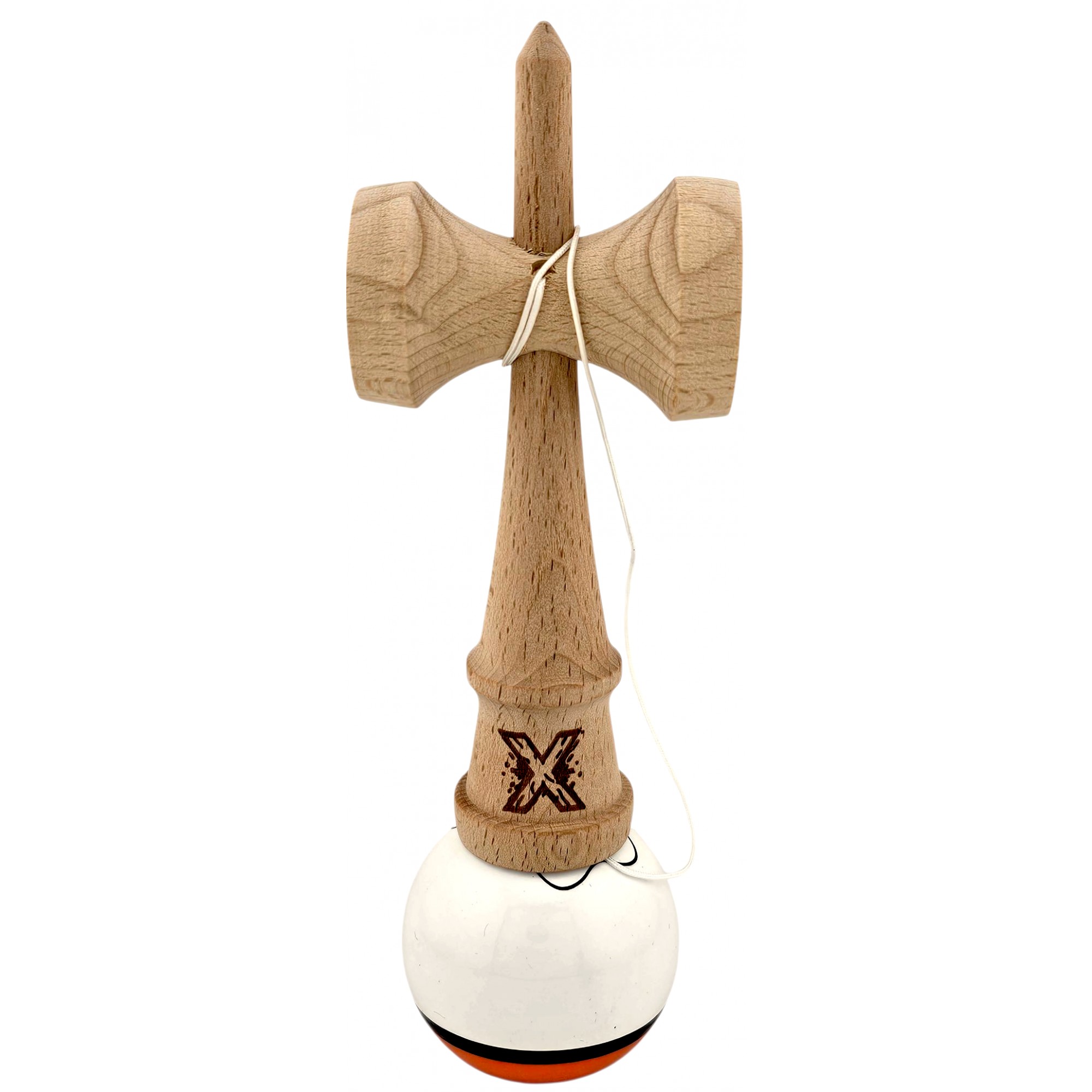 Kendama X Originala, Profesionala, Flippy, din Lemn, Super Sticky, 18 cm, Alb/Portocaliu