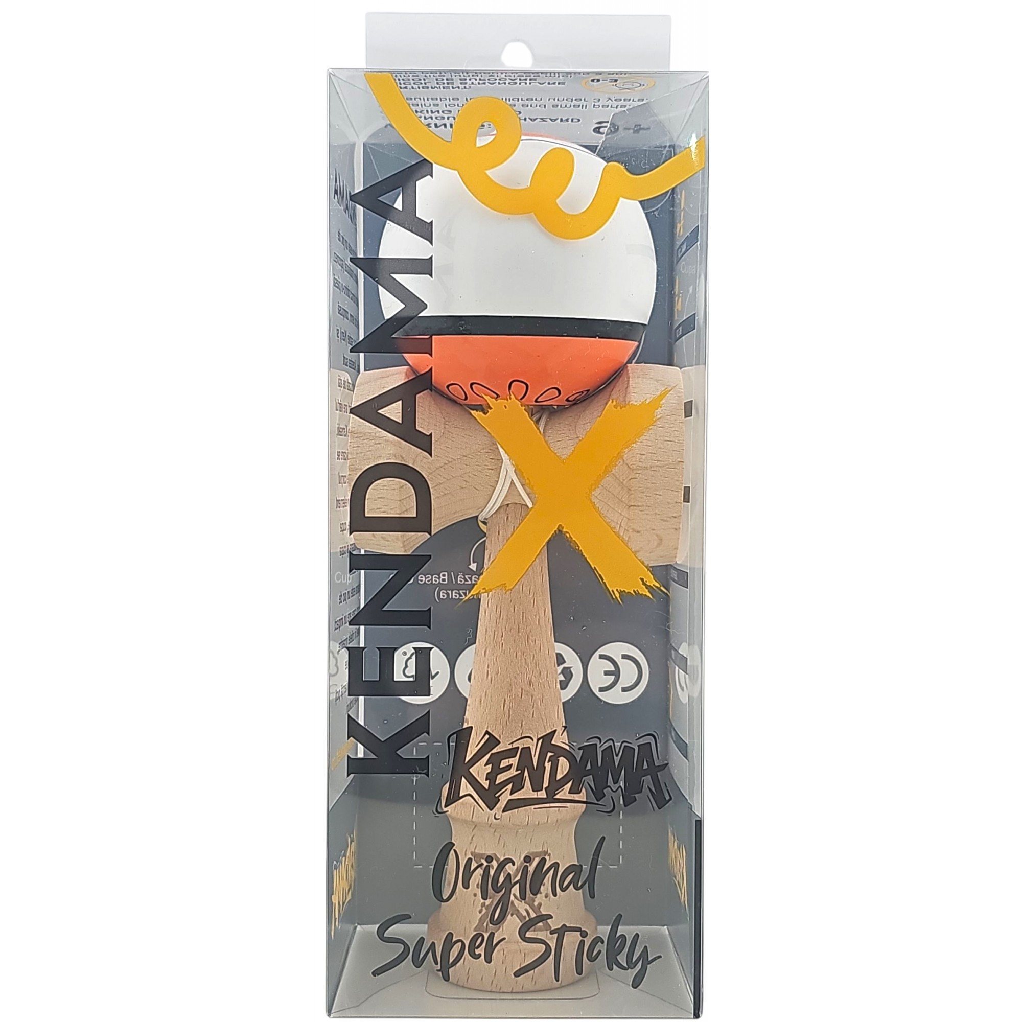 Kendama X Originala, Profesionala, Flippy, din Lemn, Super Sticky, 18 cm, Alb/Portocaliu