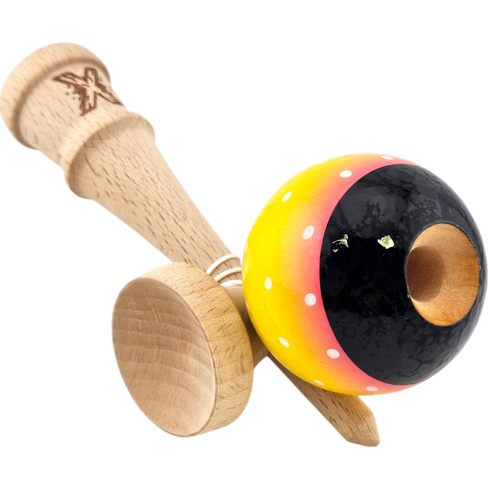 Kendama X Originala, Profesionala, Flippy, din Lemn, Super Sticky, 18 cm, Galben/Roz/Negru