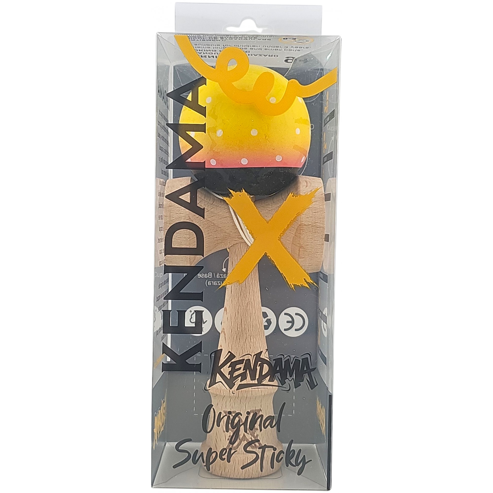 Kendama X Originala, Profesionala, Flippy, din Lemn, Super Sticky, 18 cm, Galben/Roz/Negru