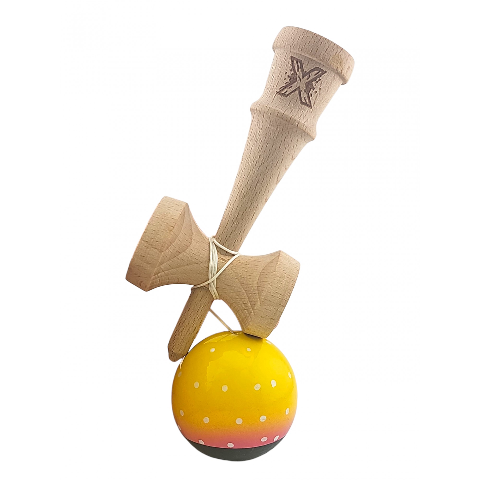 Kendama X Originala, Profesionala, Flippy, din Lemn, Super Sticky, 18 cm, Galben/Roz/Negru