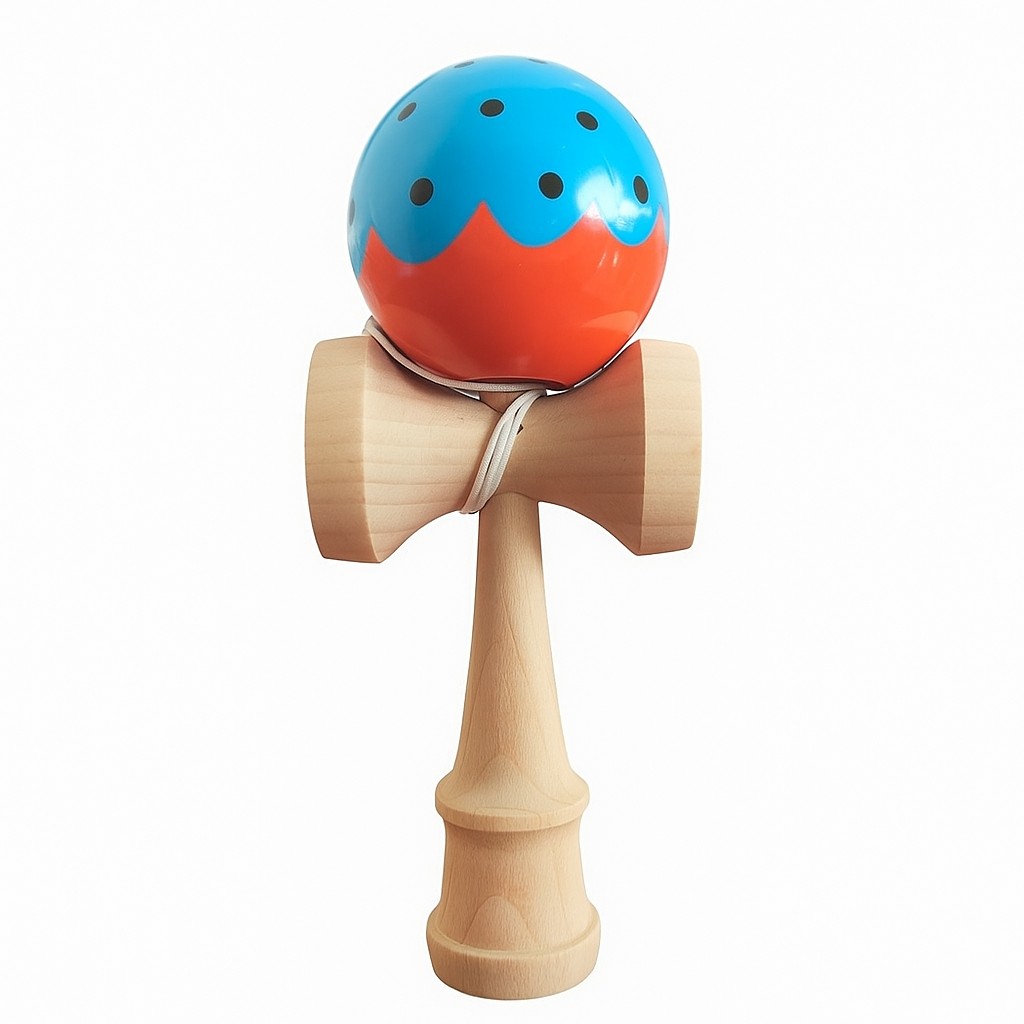 Jucarie Kendama X Originala, Profesionala Limited, Flippy, din Lemn cu Bila din Invelis SUPER STICK, 18 cm, Joc pentru Copii si Adulti, Albastru/Portocaliu