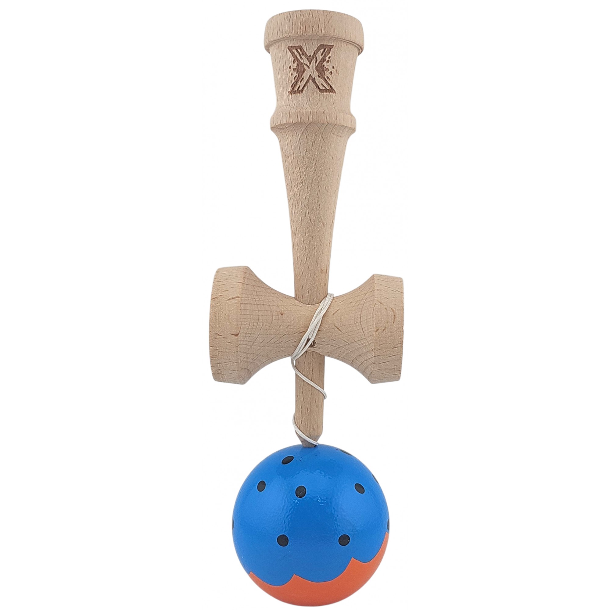Kendama X Originala, Profesionala Limited, Flippy, din Lemn, Super Sticky, 18 cm, Albastru/Portocaliu