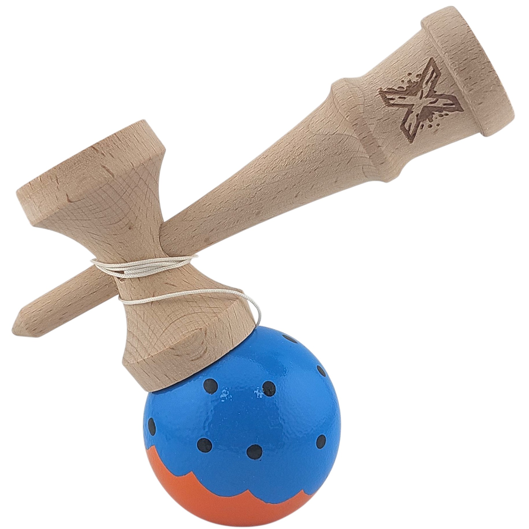 Kendama X Originala, Profesionala Limited, Flippy, din Lemn, Super Sticky, 18 cm, Albastru/Portocaliu