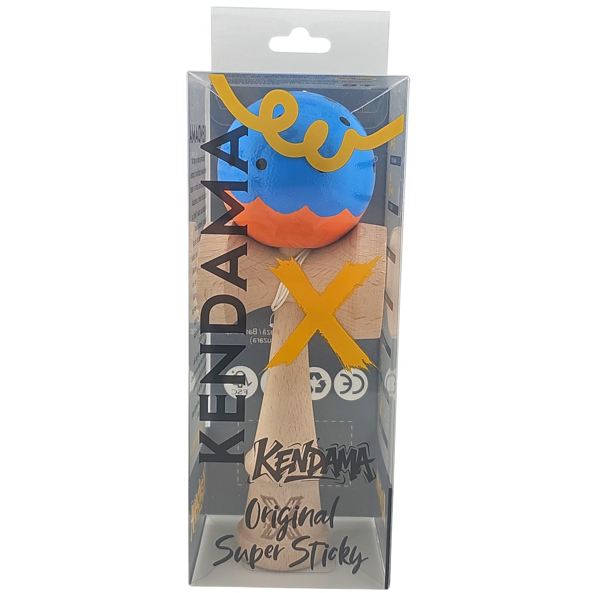 Kendama X Originala, Profesionala Limited, Flippy, din Lemn, Super Sticky, 18 cm, Albastru/Portocaliu
