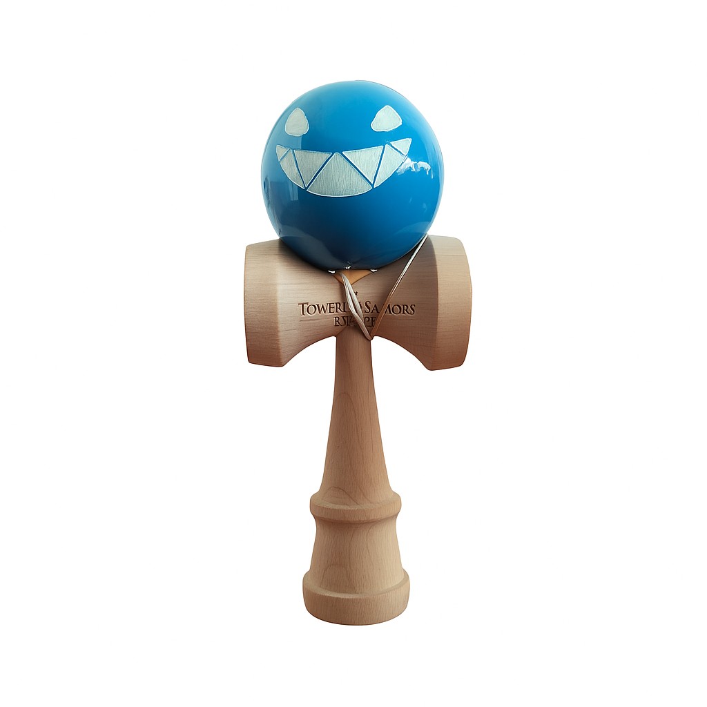 Jucarie Kendama X Originala, Profesionala Limited Crazy Smile, Flippy, din Lemn cu Bila din Invelis SUPER STICK, 18 cm, Joc pentru Copii si Adulti, Albastru