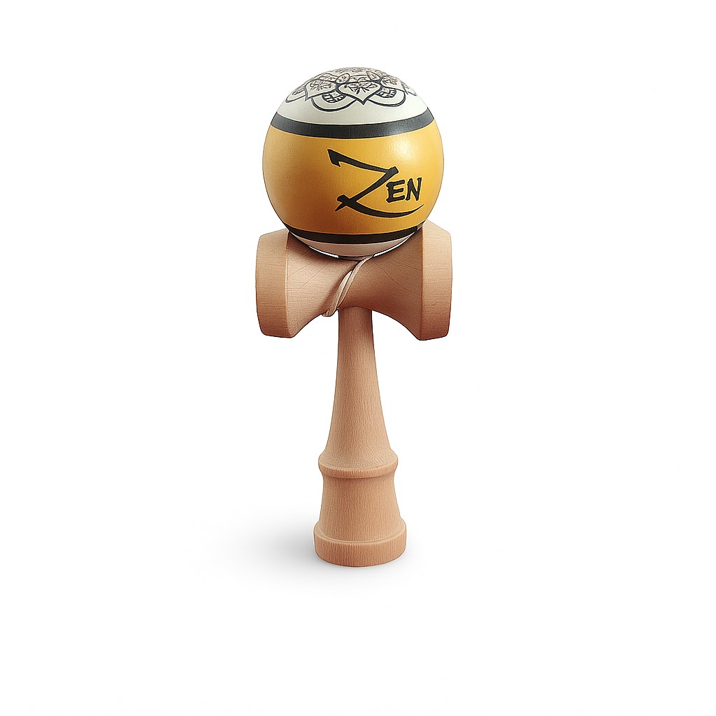 Jucarie Kendama X Originala, Profesionala Limited ZEN, Flippy, din Lemn cu Bila din Invelis SUPER STICK, 18 cm, Joc pentru Copii si Adulti, Auriu