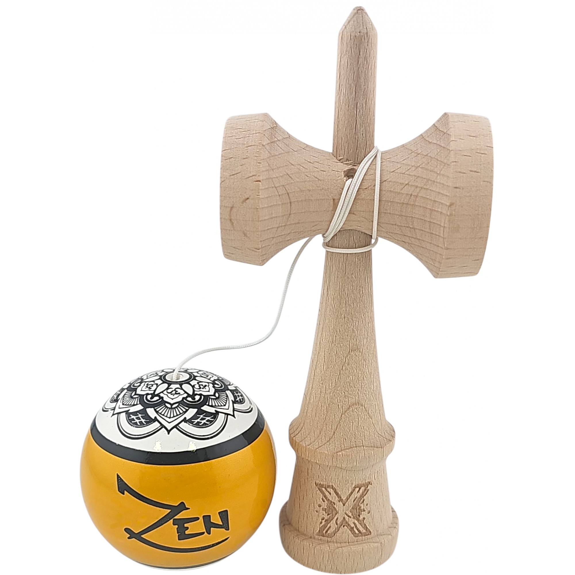 Kendama X Originala, Profesionala, Zen, Flippy, din Lemn, Super Sticky, 18 cm, Auriu/Alb/Negu