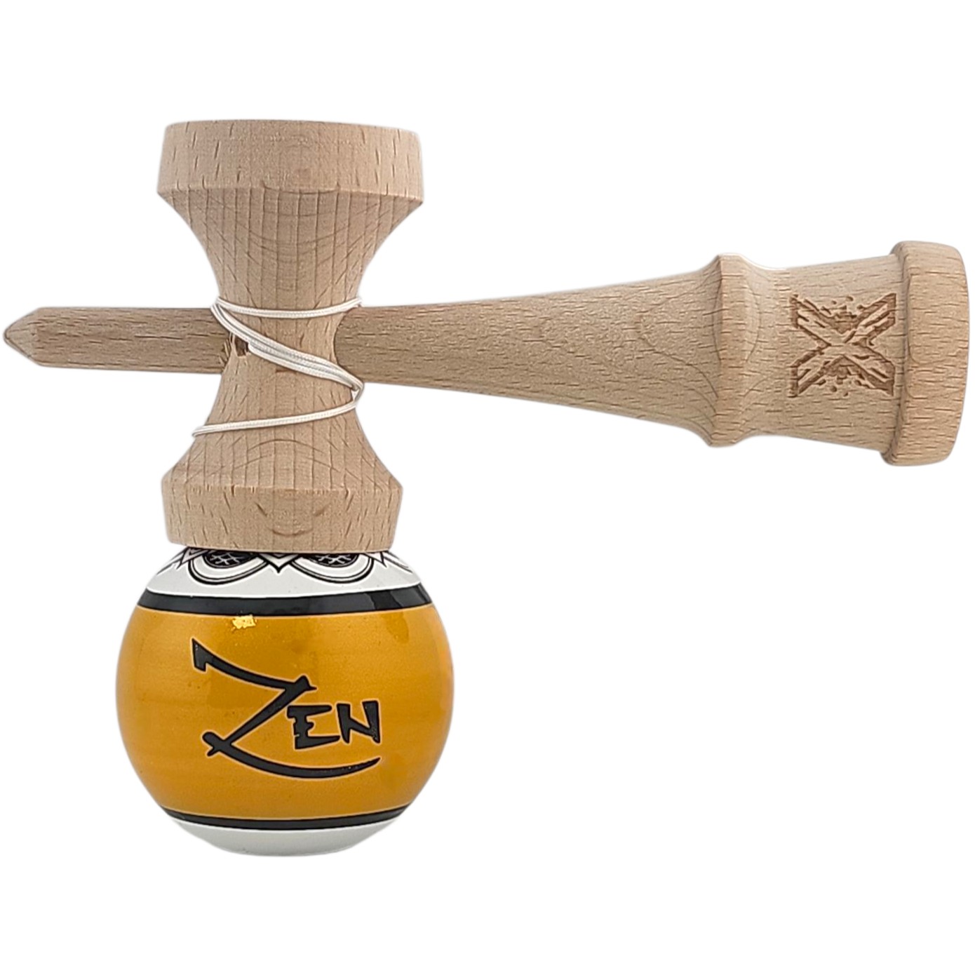 Kendama X Originala, Profesionala, Zen, Flippy, din Lemn, Super Sticky, 18 cm, Auriu/Alb/Negu