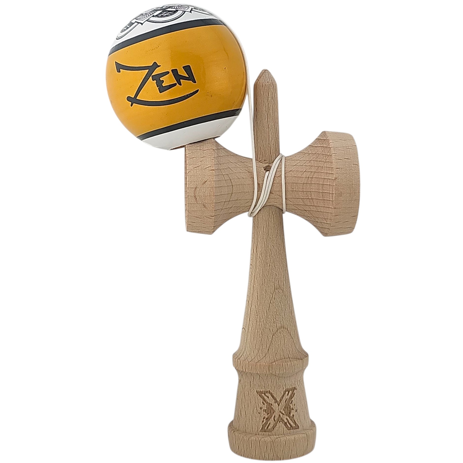 Kendama X Originala, Profesionala, Zen, Flippy, din Lemn, Super Sticky, 18 cm, Auriu/Alb/Negu