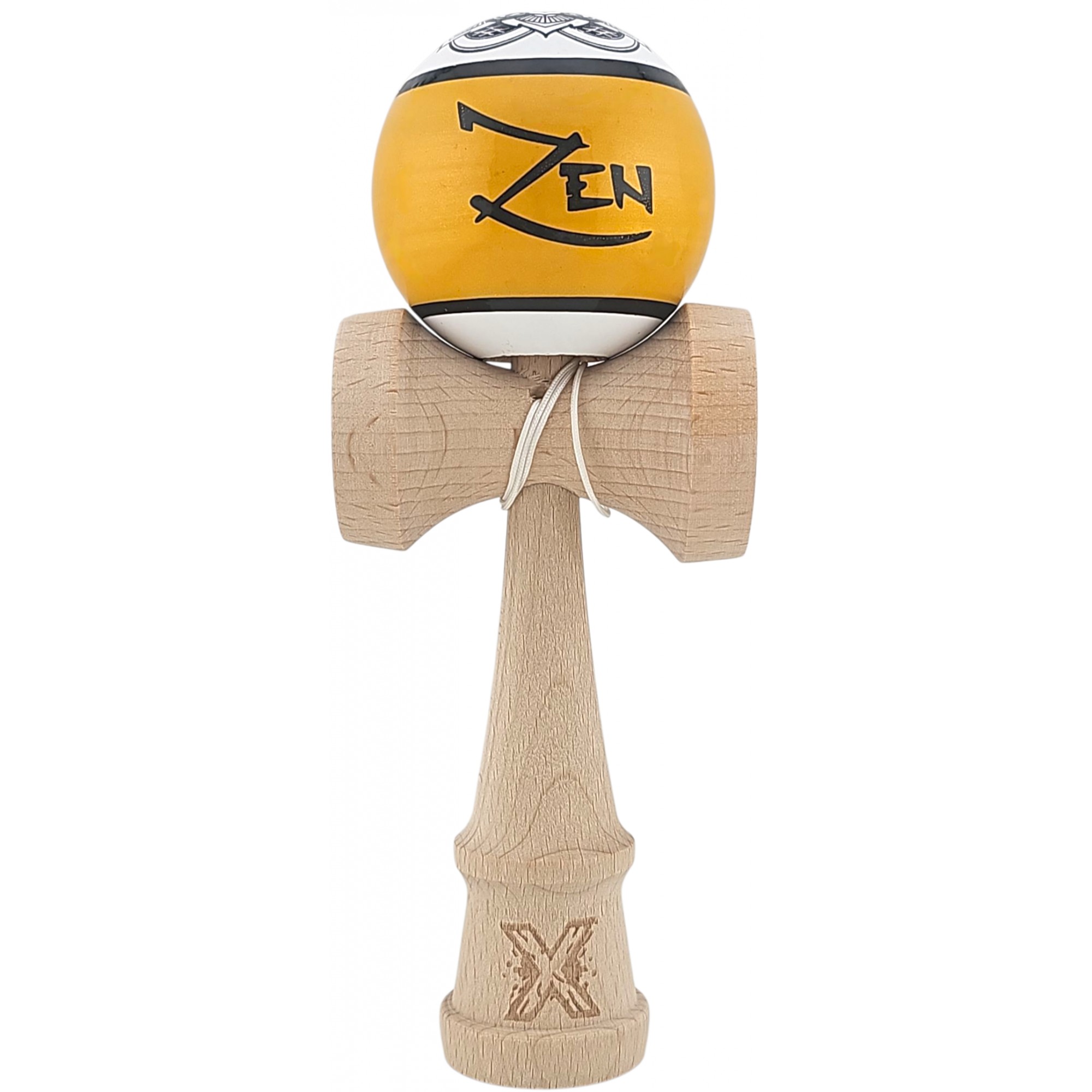 Kendama X Originala, Profesionala, Zen, Flippy, din Lemn, Super Sticky, 18 cm, Auriu/Alb/Negu