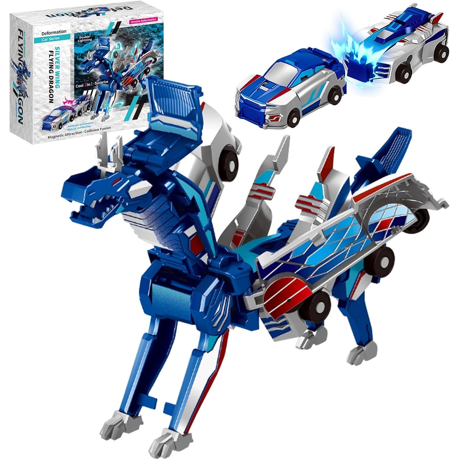 Jucarie Transformabila 2in1, Flippy, Silver Wing Flying Dragon, Masina/Dragon, Atractie Magnetica, +6 Ani, din ABS, Albastru