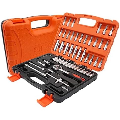 Trusa Chei Tubulare, Set 53 de Piese, Flippy, Surubelnita, Clichet, Tubulare, Imbus, Prelungitor, 27 x 20 x 5.5 cm, 1.5 kg, Cutie Rosu