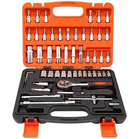 Trusa Chei Tubulare, Set 53 de Piese, Flippy, Surubelnita, Clichet, Tubulare, Imbus, Prelungitor, 27 x 20 x 5.5 cm, 1.5 kg, Cutie Rosu