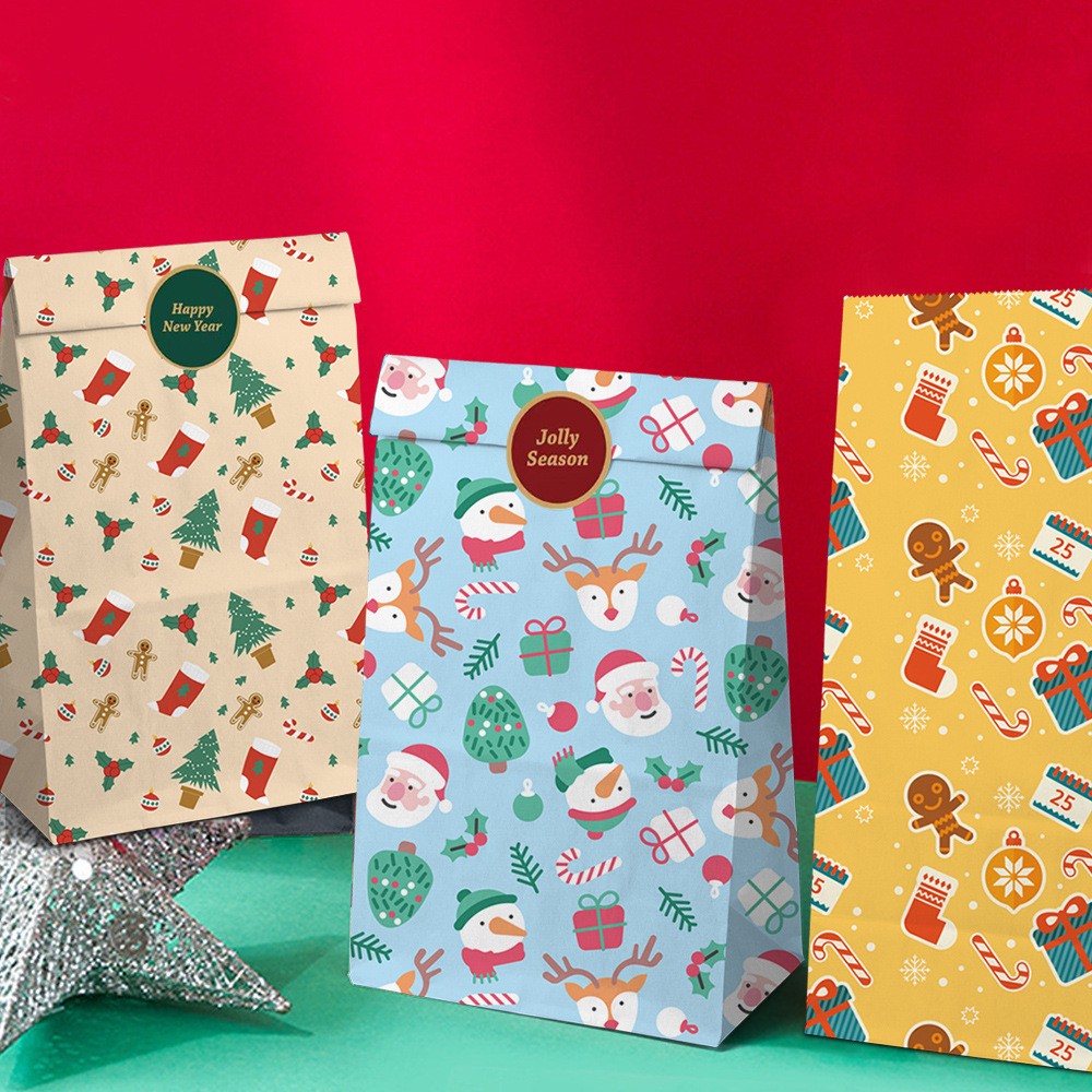 Set 12 Pungi de Cadou, Flippy, Tema Craciun, cu Motive Festive, 12 Stickere Incluse, 24 x 13 x 8 cm, din Hartie, Multicolor