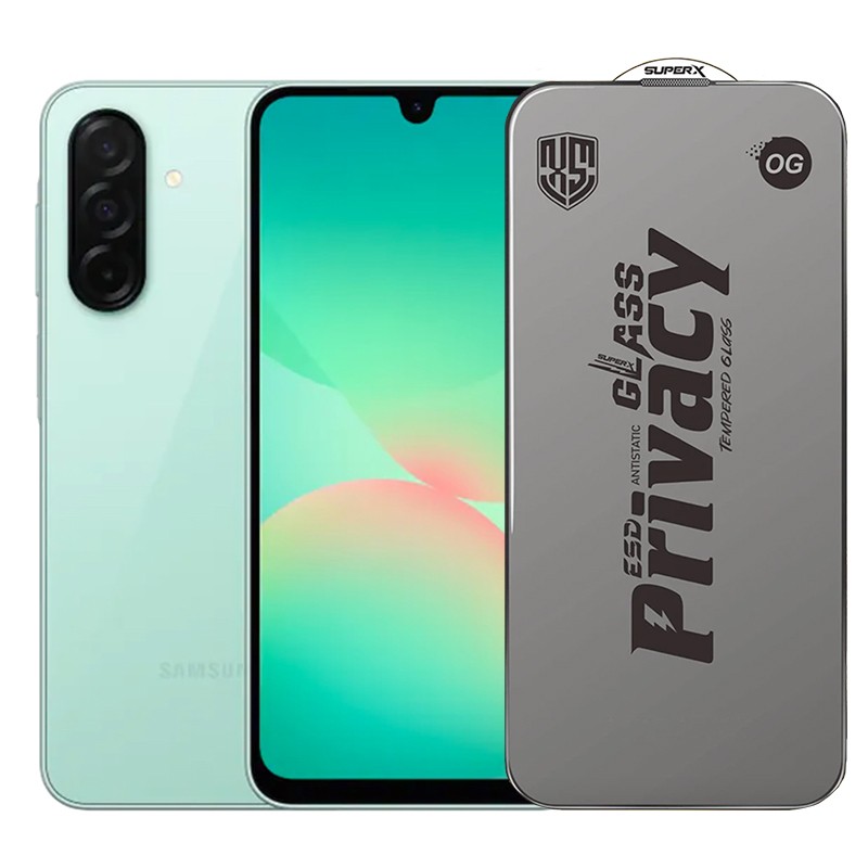 Folie de Protectie pentru Samsung Galaxy A26, Flippy, Sticla Securizata ESD Antistatica, Super-X Privacy OG, Margini Negre, 0.30 mm, Transparent Inchis