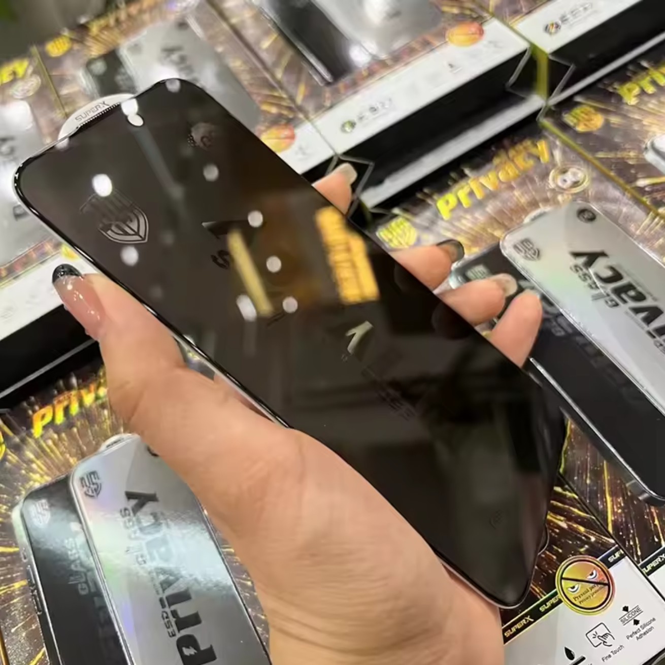 Folie de Protectie pentru Samsung Galaxy A24, Flippy, Sticla Securizata ESD Antistatica, Super-X Privacy OG, Margini Negre, 0.30 mm, Transparent Inchis