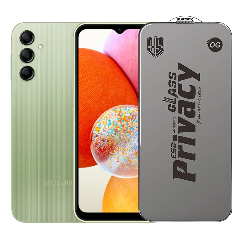 Folie de Protectie pentru Samsung Galaxy A14, Flippy, Sticla Securizata ESD Antistatica, Super-X Privacy OG, Margini Negre, 0.30 mm, Transparent Inchis