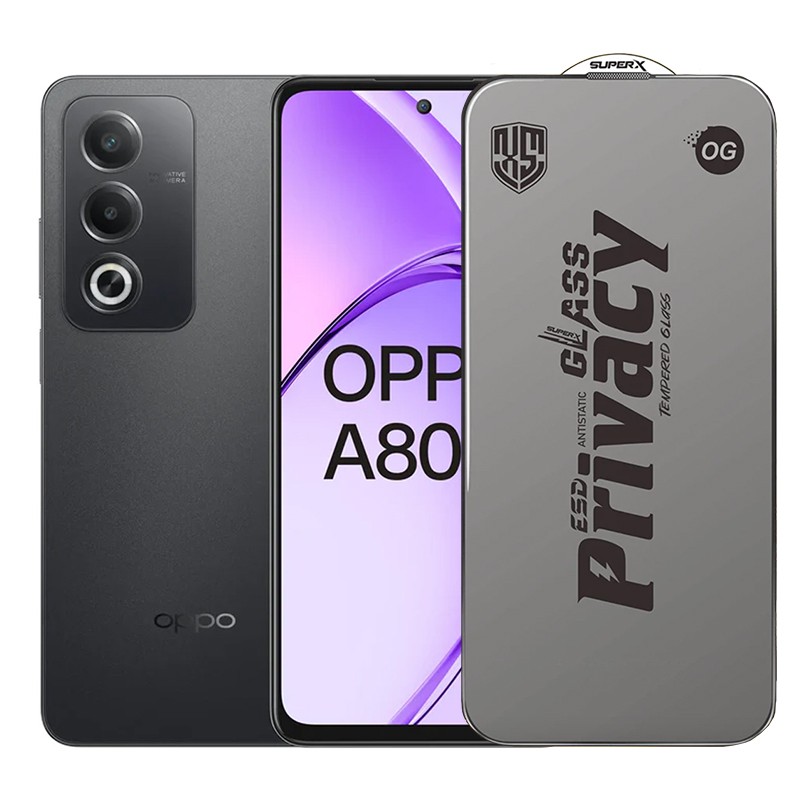 Folie de Protectie pentru Oppo A80, Flippy, Sticla Securizata ESD Antistatica, Super-X Privacy OG, Margini Negre, 0.30 mm, Transparent Inchis