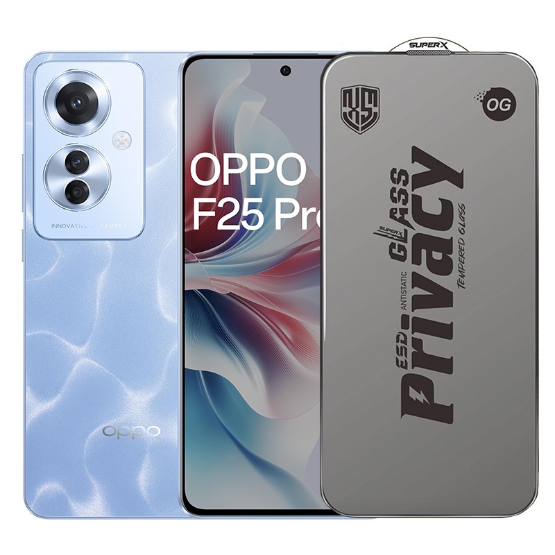Folie de Protectie pentru Oppo F25 Pro, Flippy, Sticla Securizata ESD Antistatica, Super-X Privacy OG, Margini Negre, 0.30 mm, Transparent Inchis