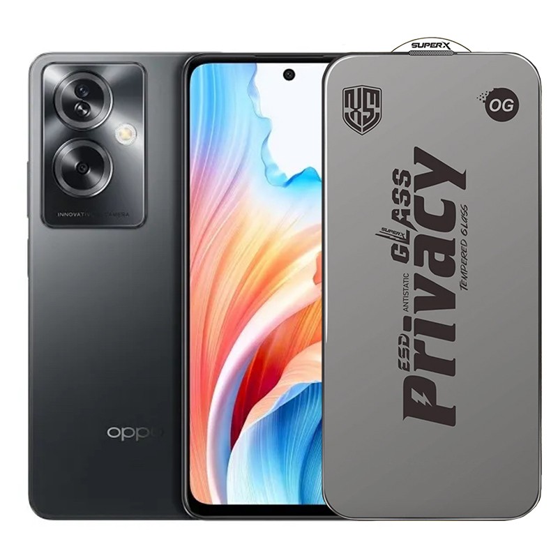 Folie de Protectie pentru Oppo A79, Flippy, Sticla Securizata ESD Antistatica, Super-X Privacy OG, Margini Negre, 0.30 mm, Transparent Inchis