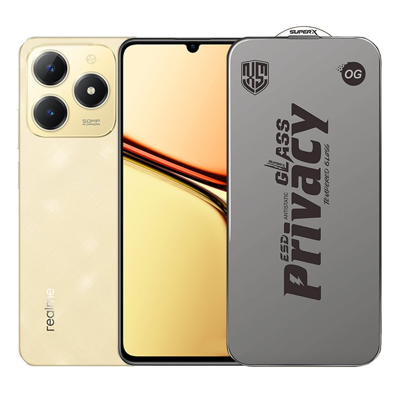 Folie de Protectie pentru Realme C61, Flippy, Sticla Securizata ESD Antistatica, Super-X Privacy OG, Margini Negre, 0.30 mm, Transparent Inchis