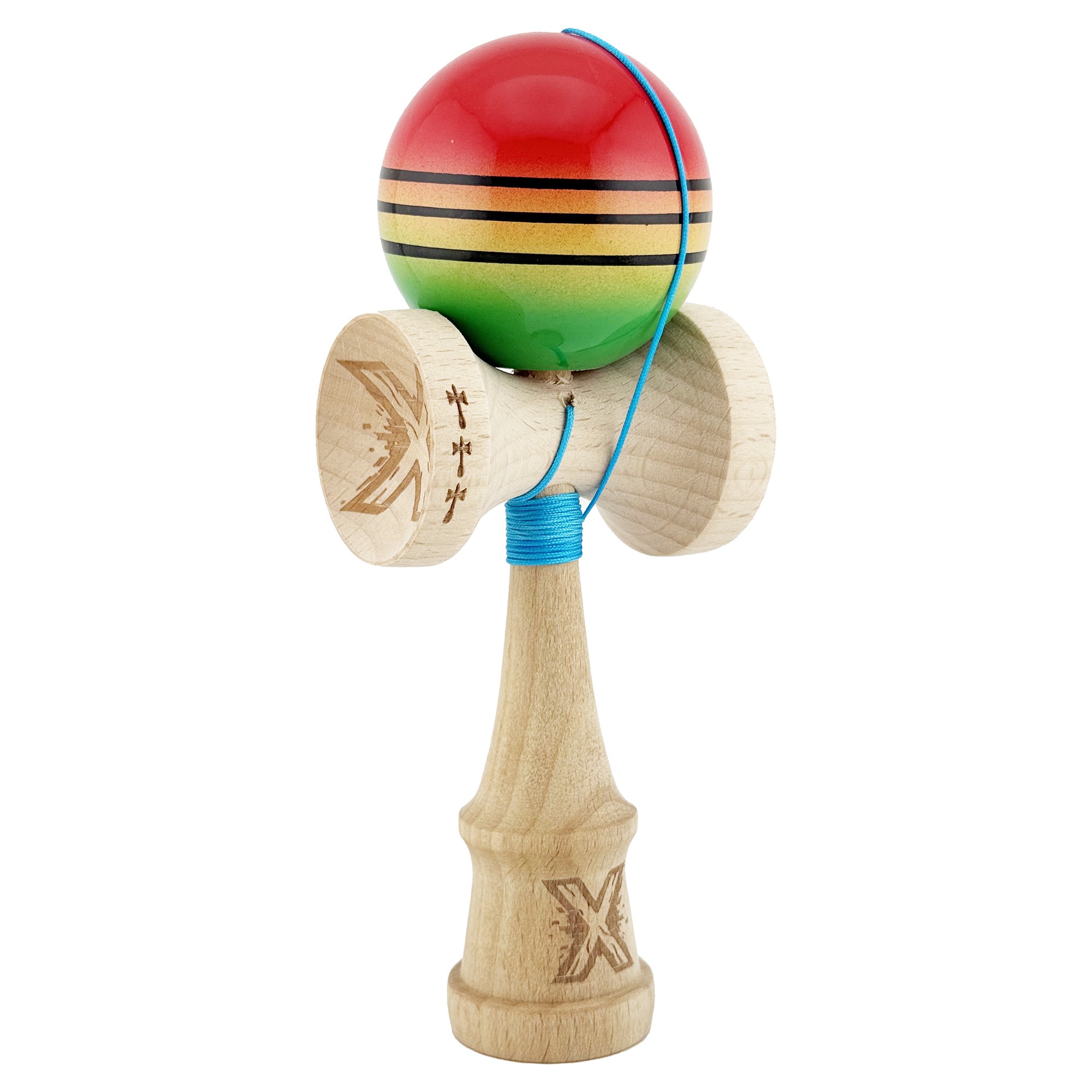 Kendama X Originala, Profesionala, Flippy, Big Cups V2, Super Sticky Legendary Cupe Mari, Rulment Metalic cu Ata 55 cm, Rosu/Galben/Verde