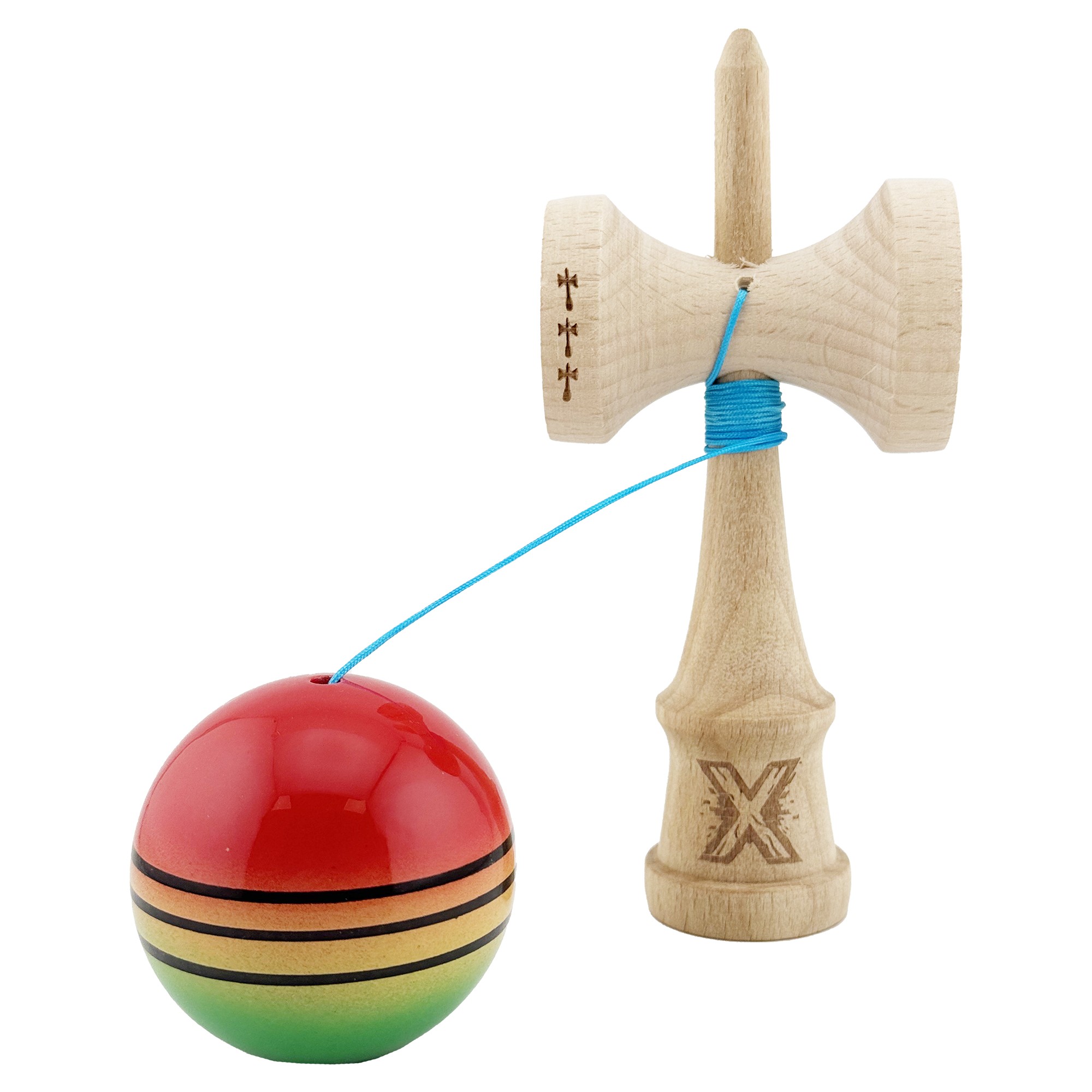Kendama X Originala, Profesionala, Flippy, Big Cups V2, Super Sticky Legendary Cupe Mari, Rulment Metalic cu Ata 55 cm, Rosu/Galben/Verde