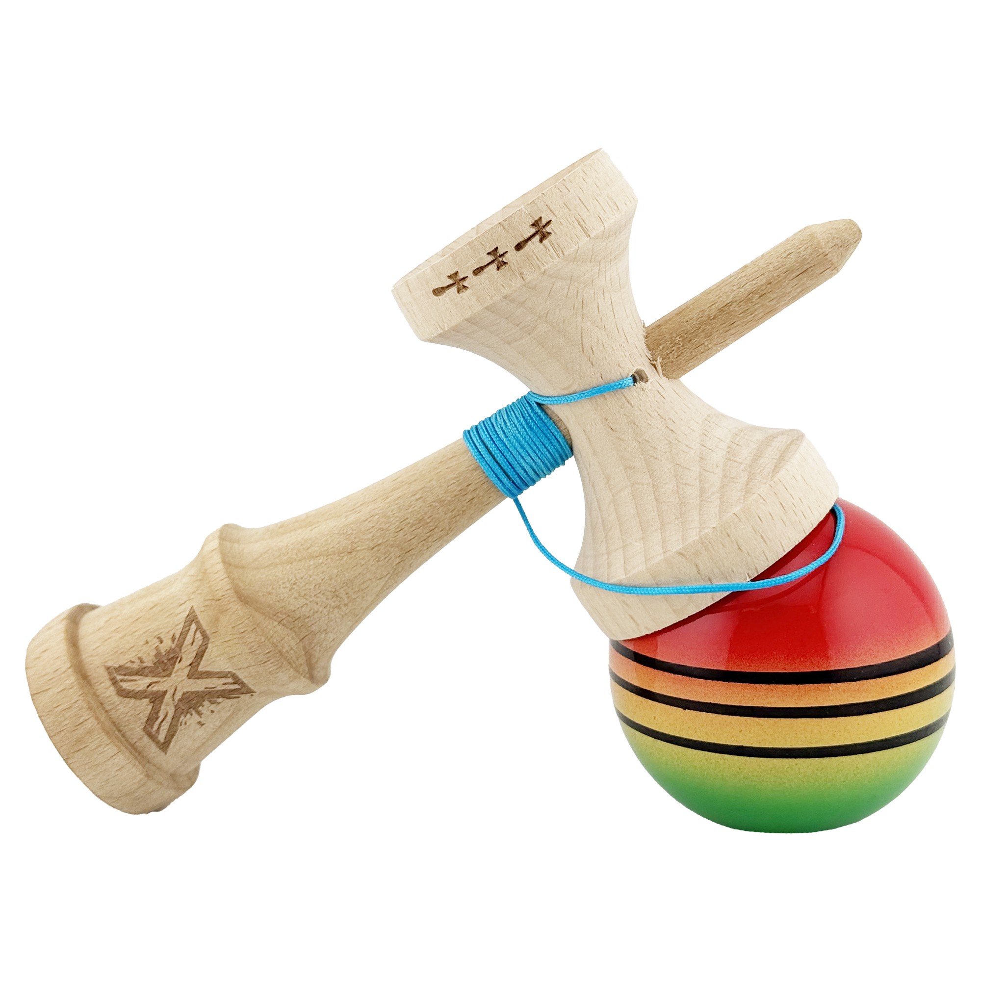 Kendama X Originala, Profesionala, Flippy, Big Cups V2, Super Sticky Legendary Cupe Mari, Rulment Metalic cu Ata 55 cm, Rosu/Galben/Verde