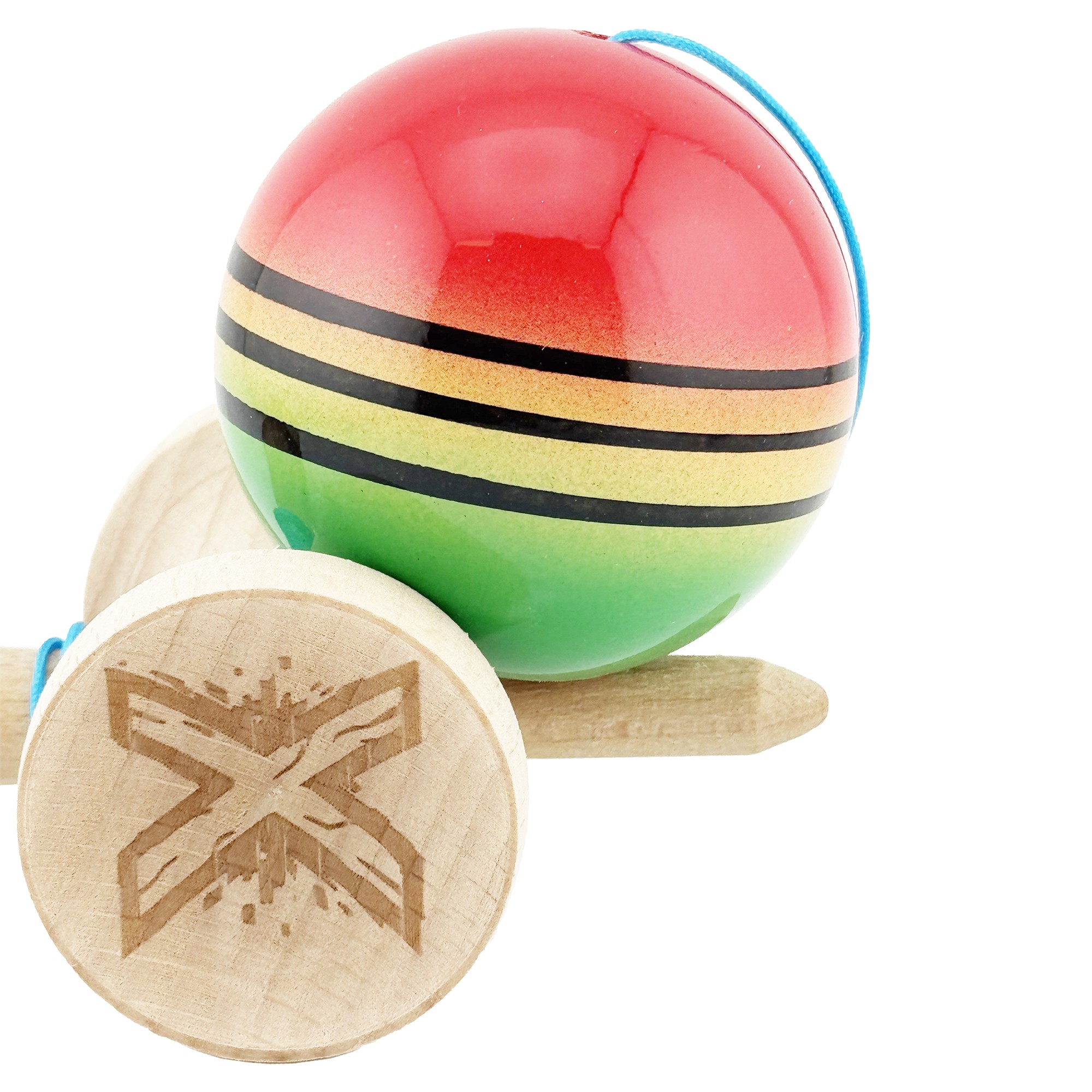 Kendama X Originala, Profesionala, Flippy, Big Cups V2, Super Sticky Legendary Cupe Mari, Rulment Metalic cu Ata 55 cm, Rosu/Galben/Verde