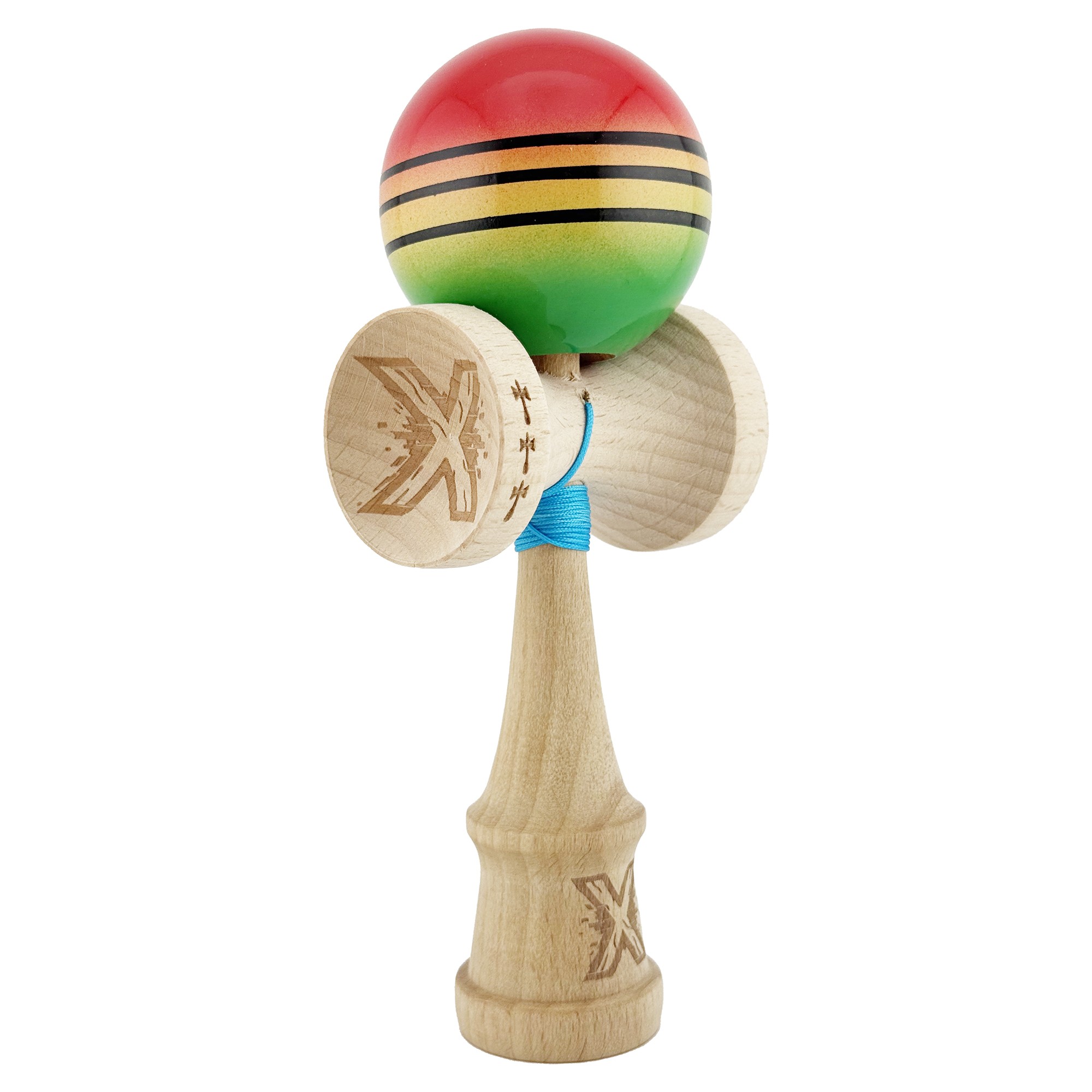 Kendama X Originala, Profesionala, Flippy, Big Cups V2, Super Sticky Legendary Cupe Mari, Rulment Metalic cu Ata 55 cm, Rosu/Galben/Verde