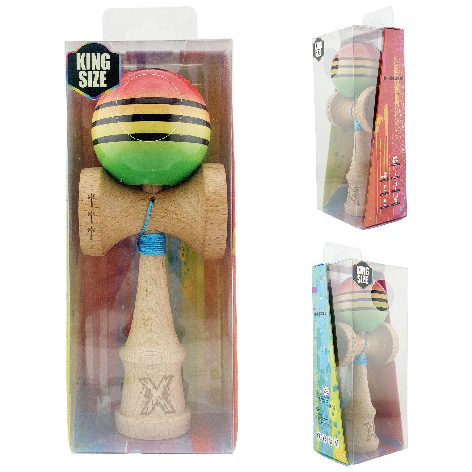 Kendama X Originala, Profesionala, Flippy, Big Cups V2, Super Sticky Legendary Cupe Mari, Rulment Metalic cu Ata 55 cm, Rosu/Galben/Verde